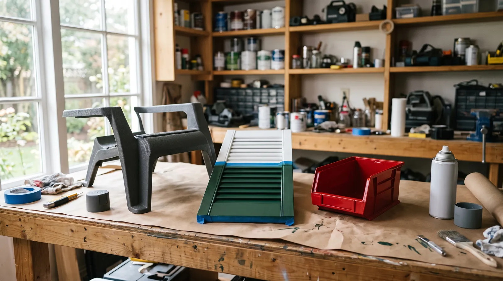 Home workshop bench with a resin patio chair arm, a PVC shutter panel, and an ABS storage bin mid-way through being spray painted in daylight