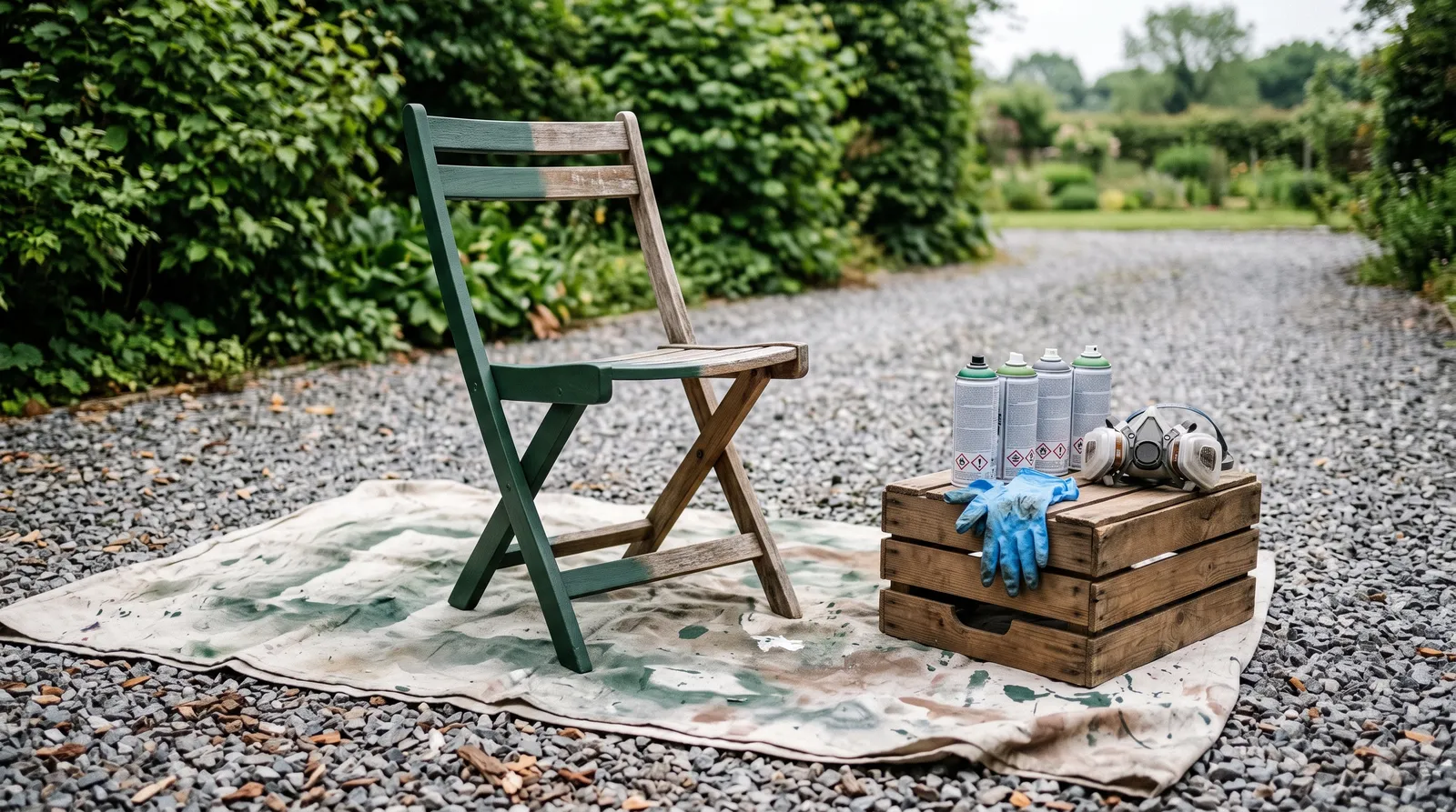 Outdoor spray painting setup on a canvas drop cloth with a wooden chair half-coated in matte green and aerosol cans on a crate
