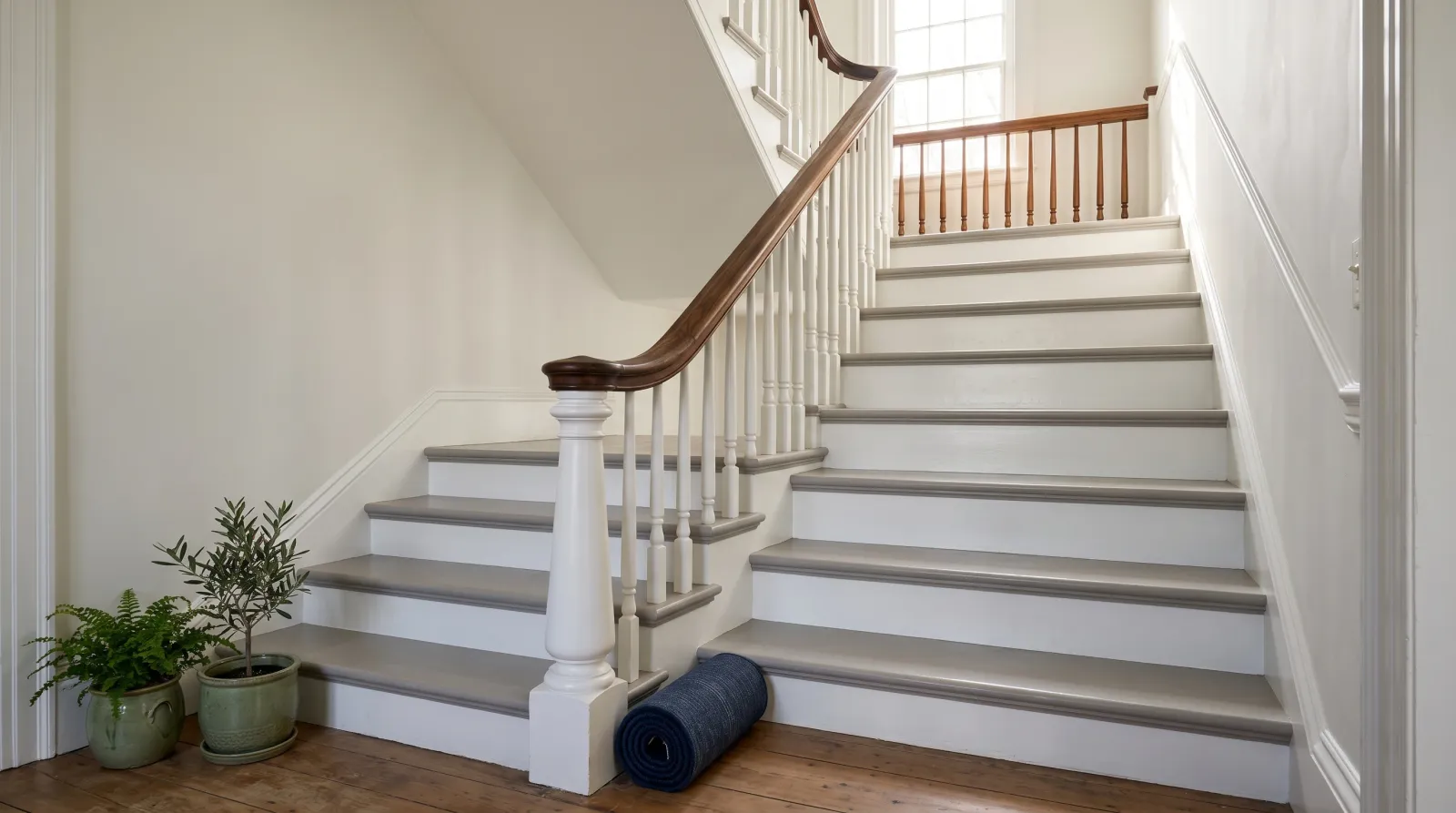 Freshly painted traditional interior staircase with low-sheen gray treads, semi-gloss white risers, white balusters, and a dark oak handrail under morning daylight