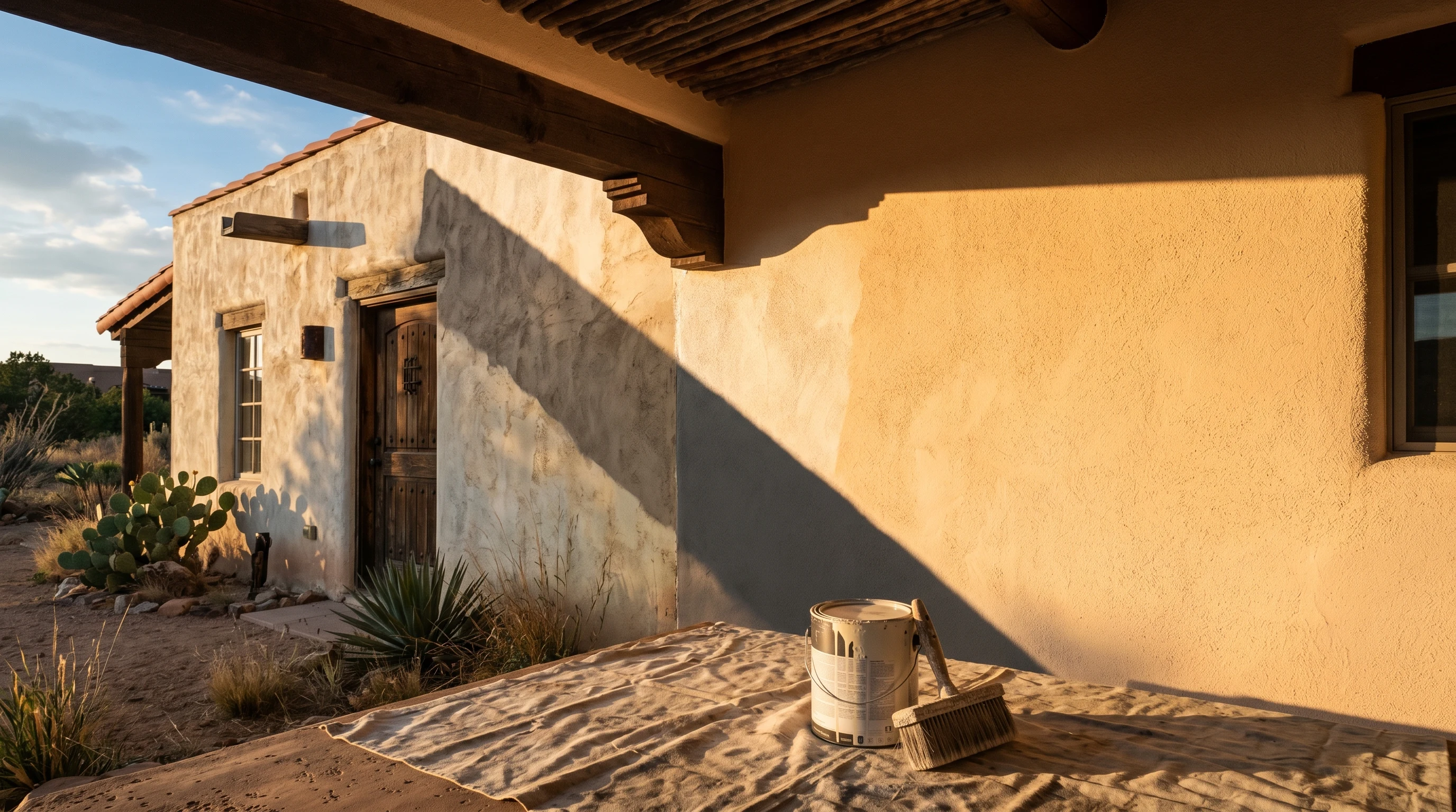 Half-recoated cream stucco facade in late afternoon raking light with masonry brush and unbranded can on a drop cloth