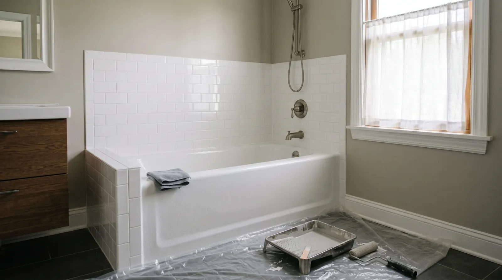 Freshly recoated white ceramic tile tub surround in a small contemporary bathroom with soft daylight