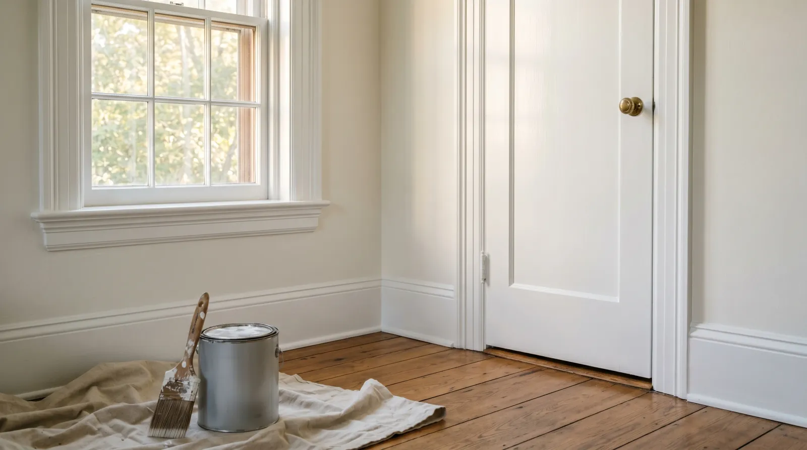 Freshly repainted white semi-gloss window casing, door, and baseboard in an American interior with sash brush and drop-cloth on oak floor