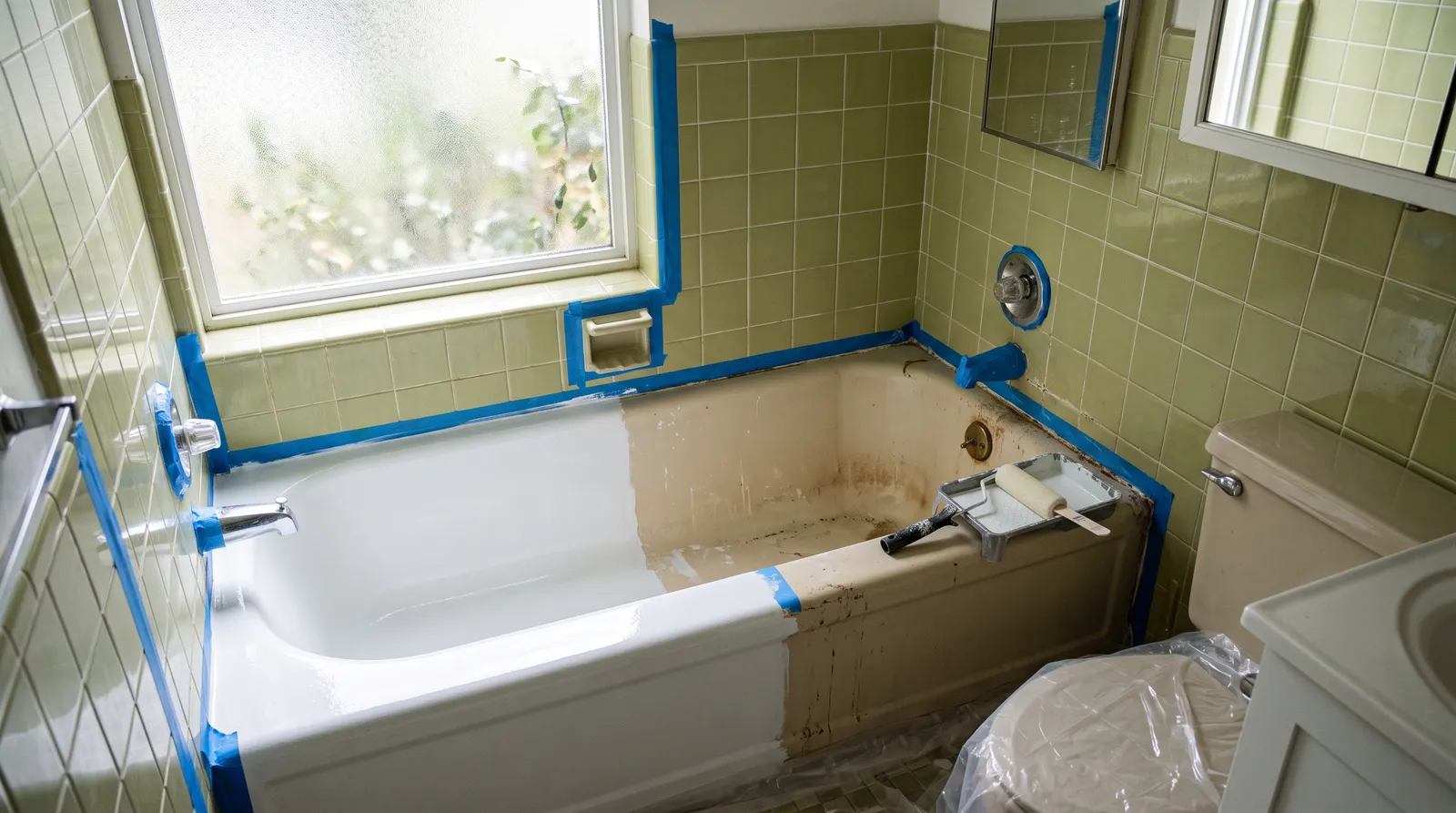 Cast-iron alcove bathtub half-coated in fresh glossy white refinishing epoxy next to its original stained almond-beige surface, masked with blue tape