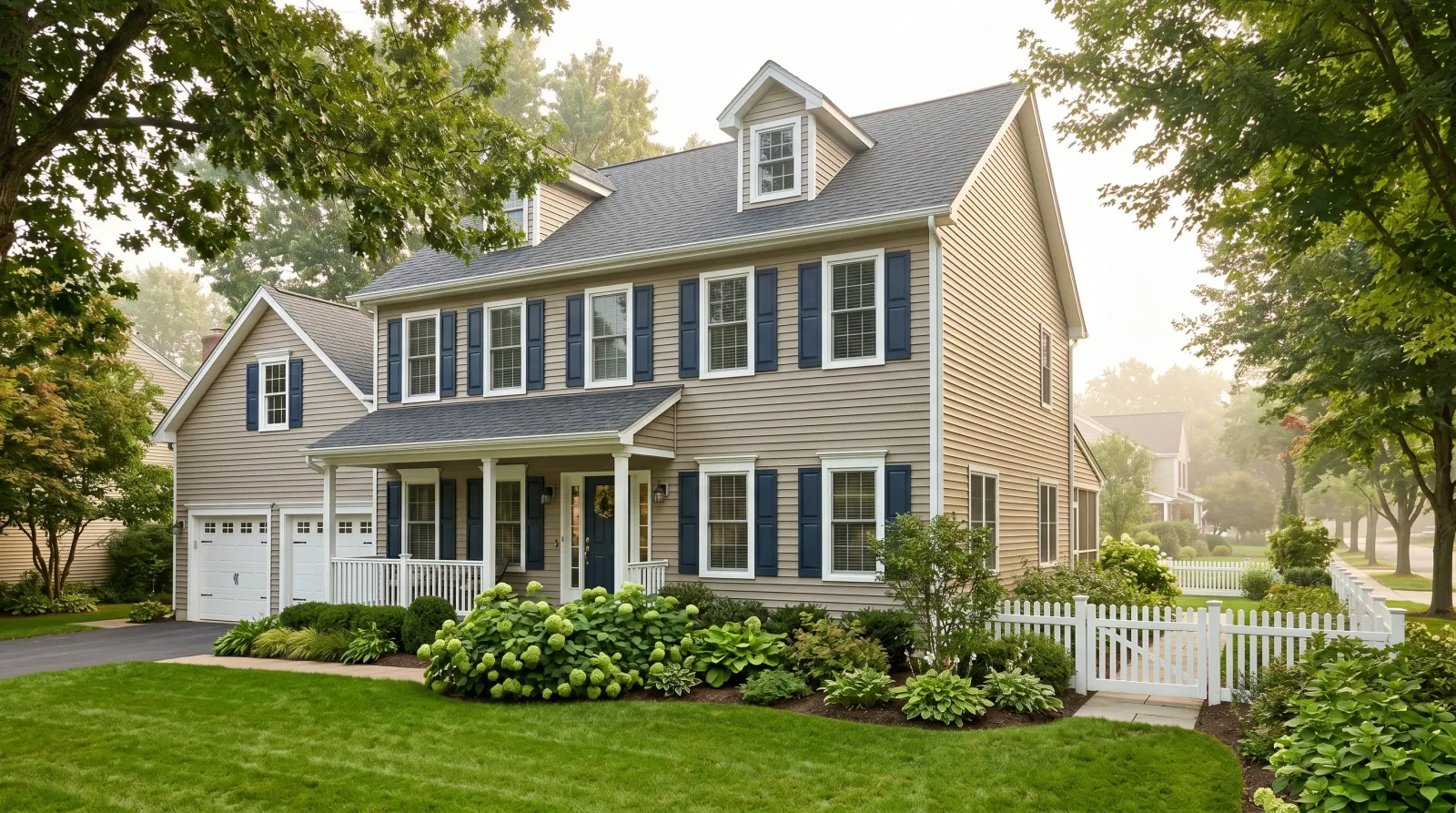 Suburban American home with freshly painted taupe vinyl siding, navy shutters, and a low vinyl picket fence in afternoon light