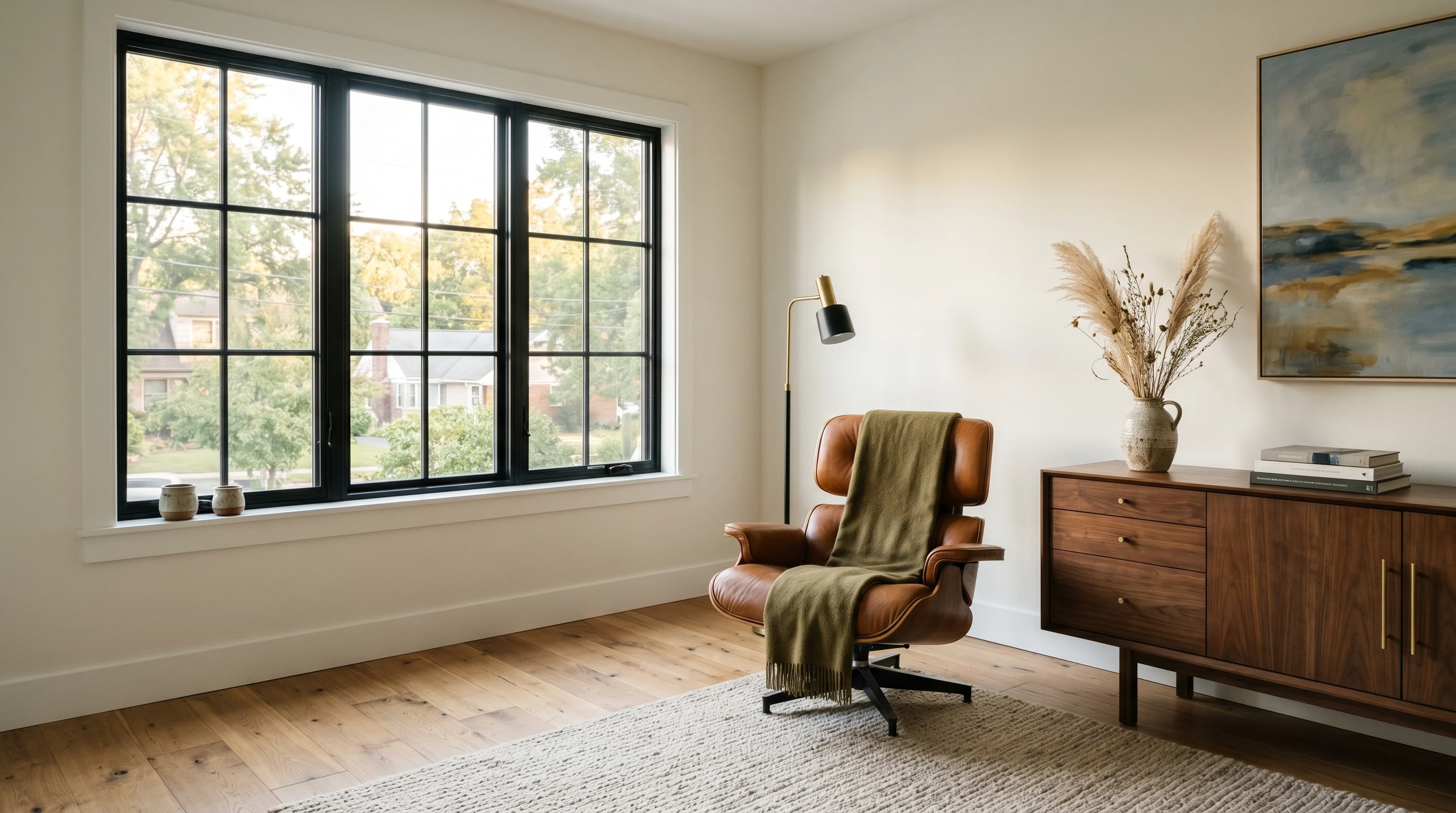 Sunlit contemporary living room with freshly painted matte warm-white walls and oak floors