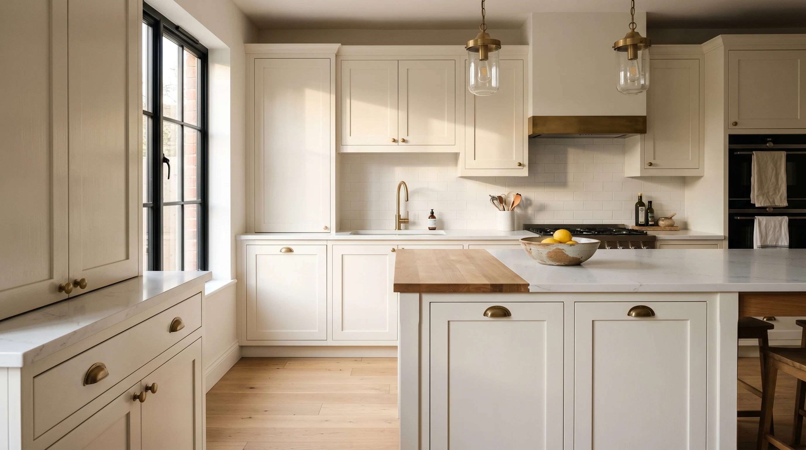 Bright modern kitchen with freshly painted soft-white Shaker cabinets in raking daylight
