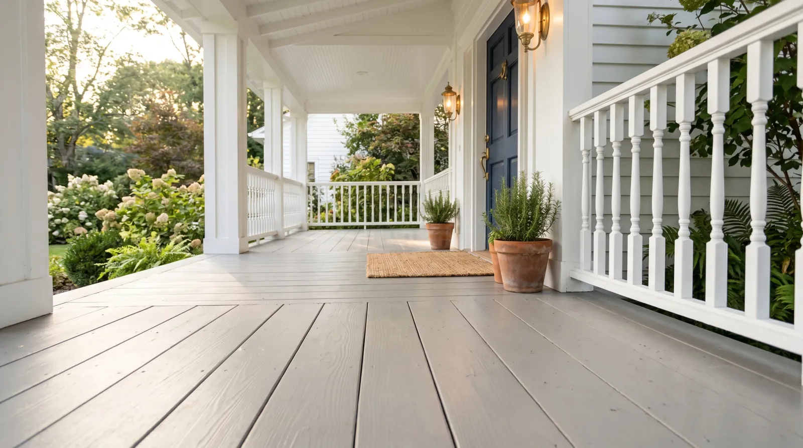Wide-plank pine porch floor freshly painted in soft warm gray low-sheen enamel under afternoon side light, with white railings and ceiling