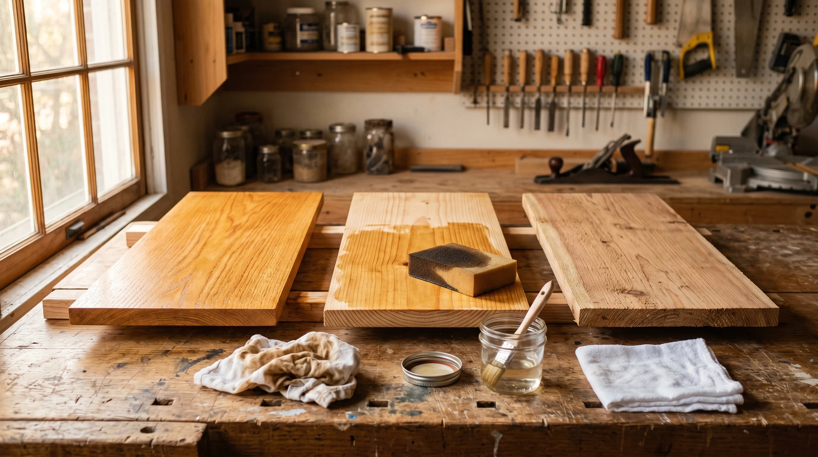 Workshop bench with three wood test boards in late afternoon light — a finished red oak board in warm honey tone, a pine board mid-stain with foam applicator, and a bare cedar board