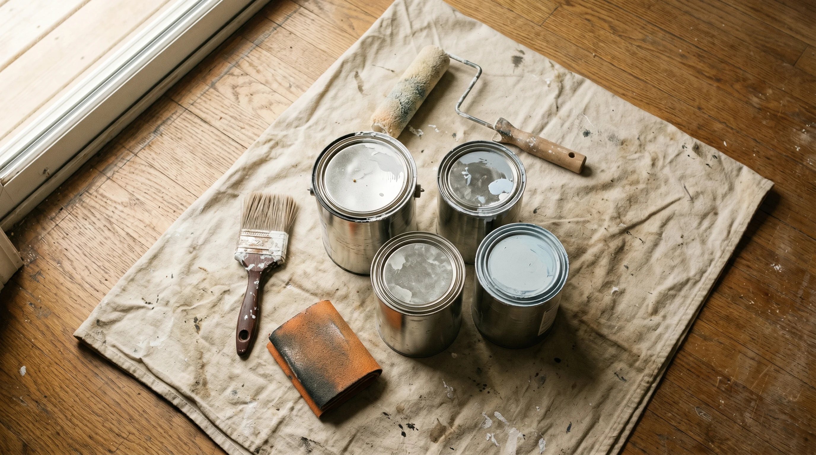 Four paint cans arranged on a drop cloth next to a brush and roller, soft window light