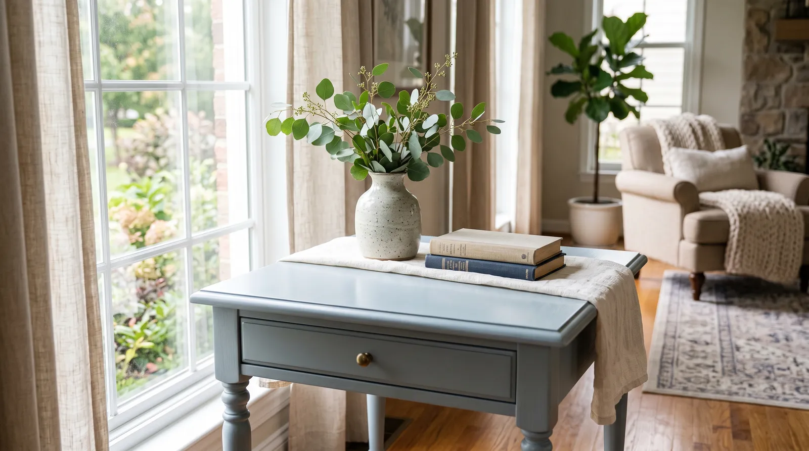 A freshly refinished blue-grey side table with a soft protective sheen, styled with a vase and books in bright daylight near a window