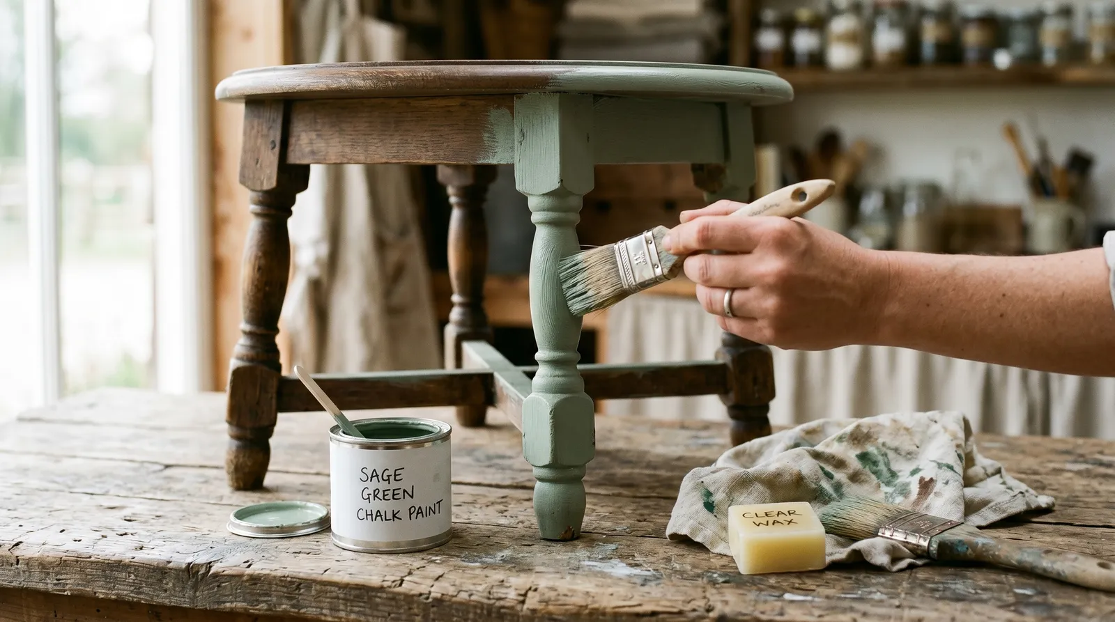 A vintage side table being hand-painted a matte sage green with a round brush, beside an open paint tin and a cloth