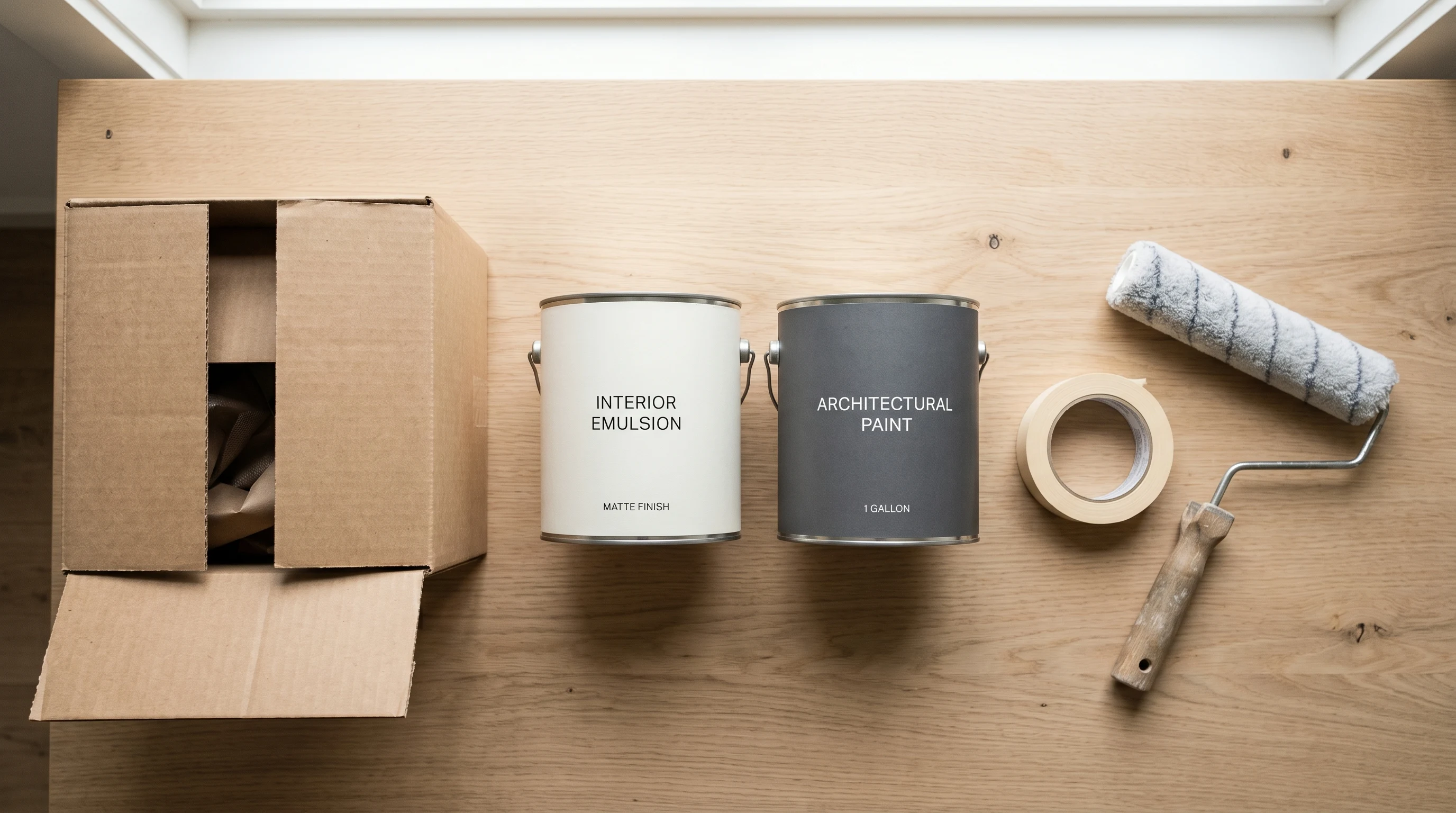 Two paint cans, a partially open shipping box, painter's tape, and a roller on a workbench