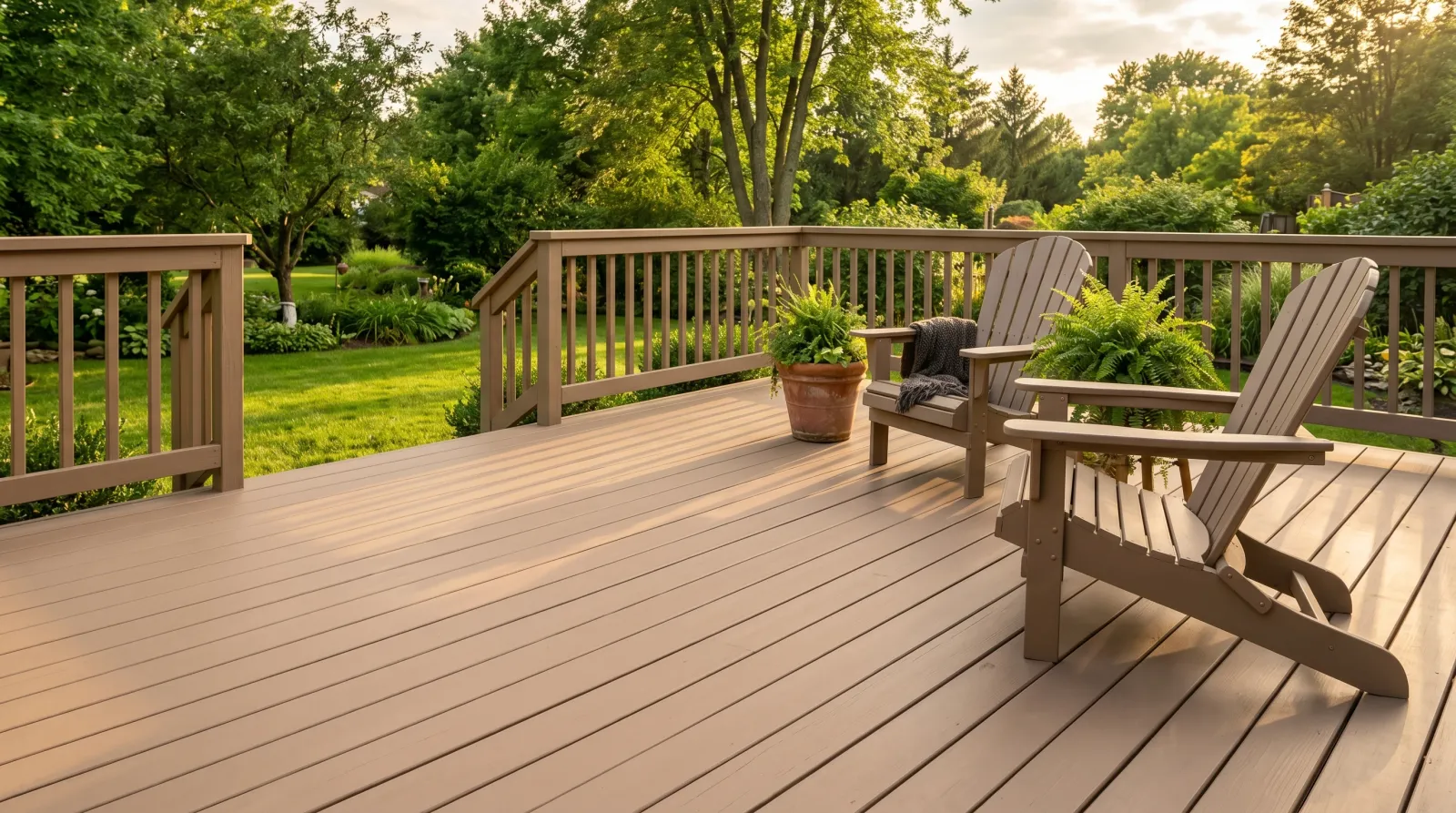 Backyard wood deck freshly resurfaced in a solid taupe coating with two chairs in late-afternoon light