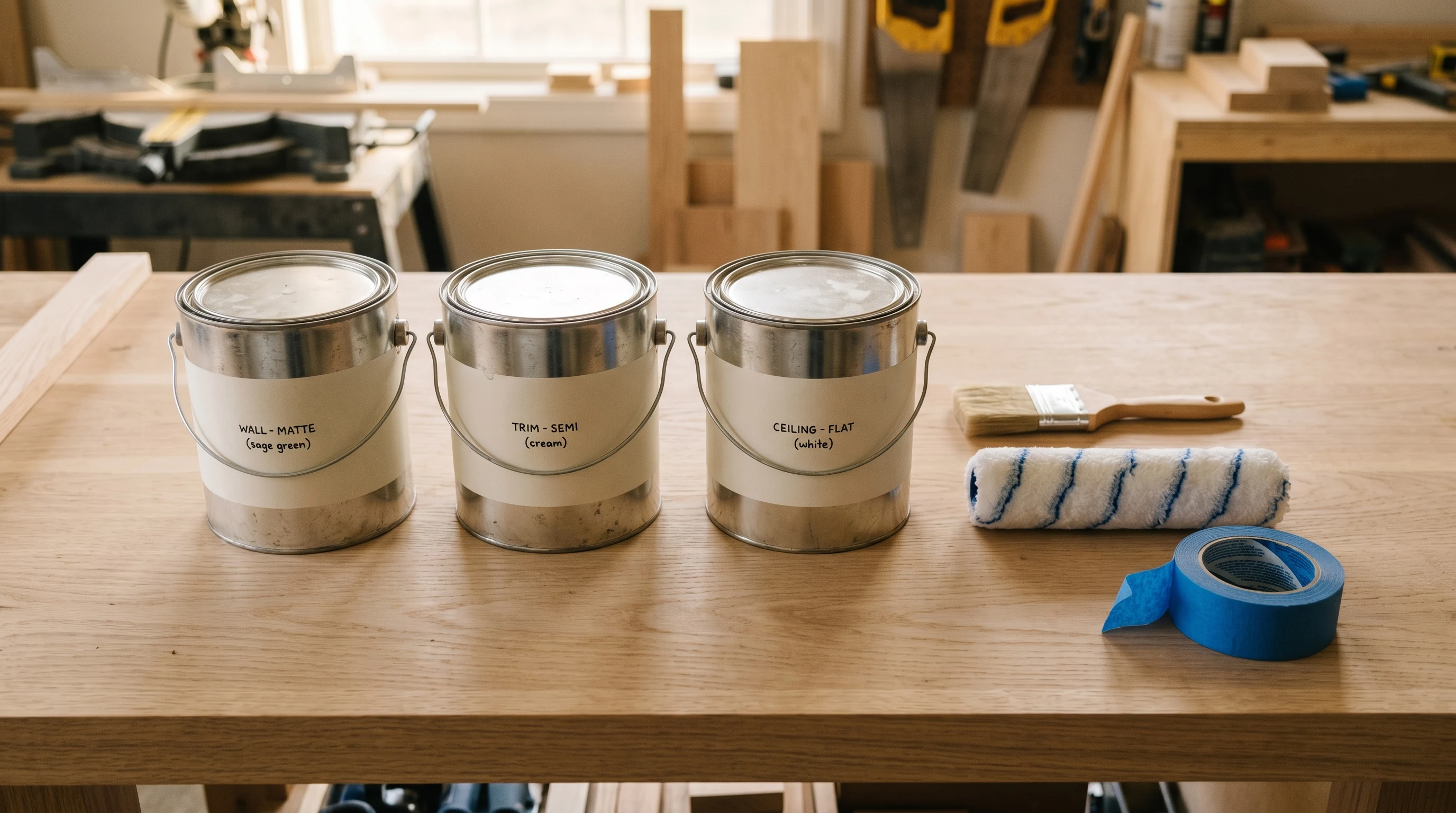 Three paint cans on a workbench with a roller, brush, and painter's tape