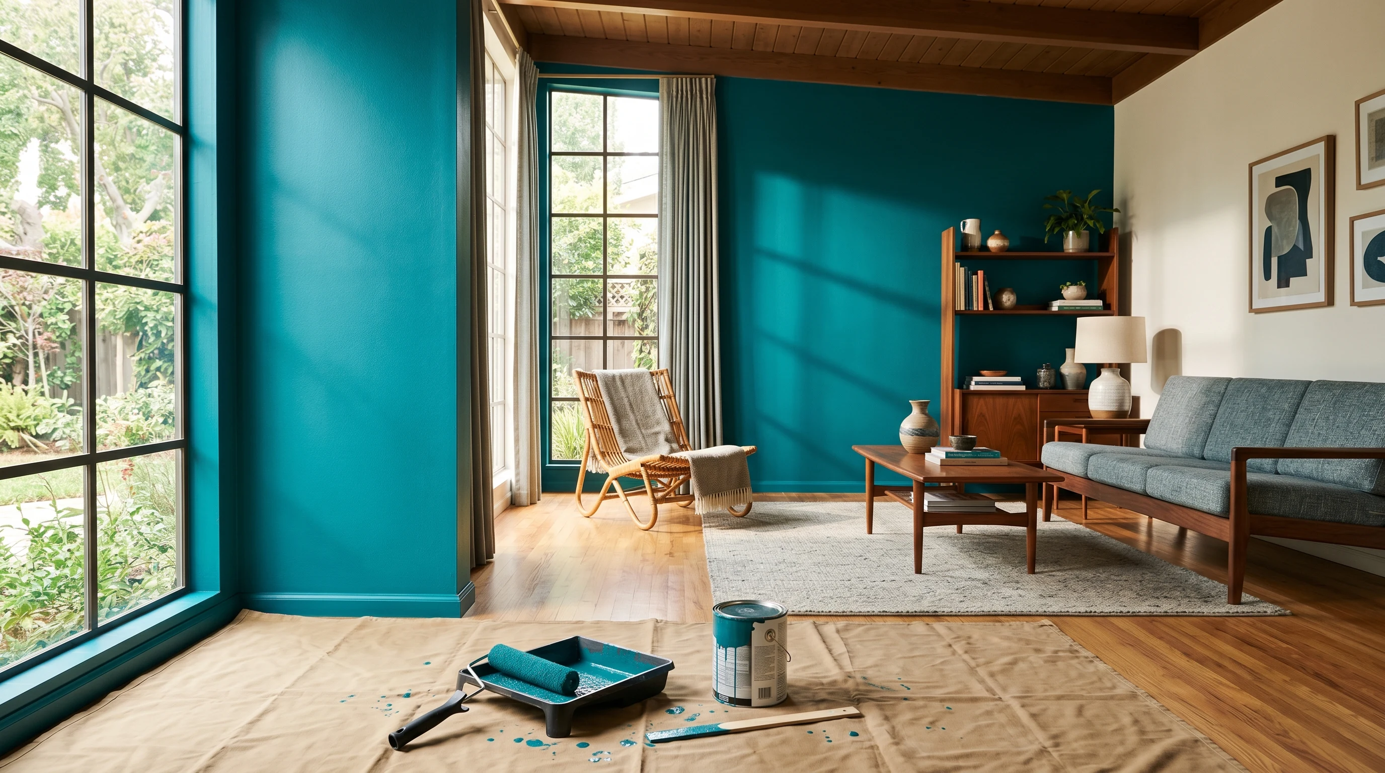 Sunlit living room with a freshly painted deep teal accent wall, roller and tray on drop cloth in foreground
