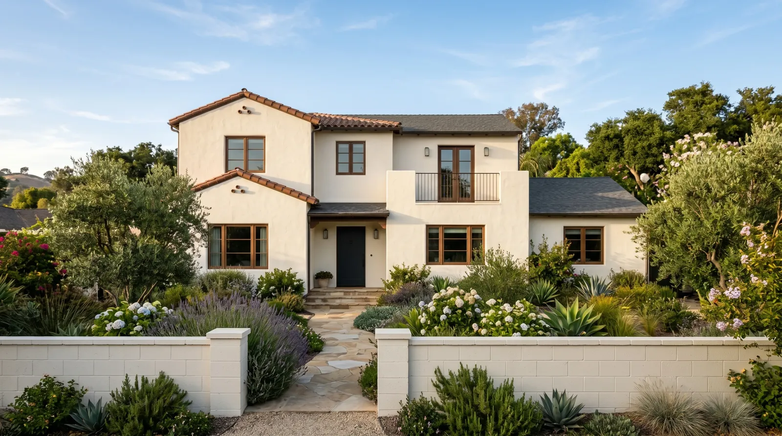 Freshly painted warm-white stucco house exterior with a painted concrete block garden wall in afternoon light