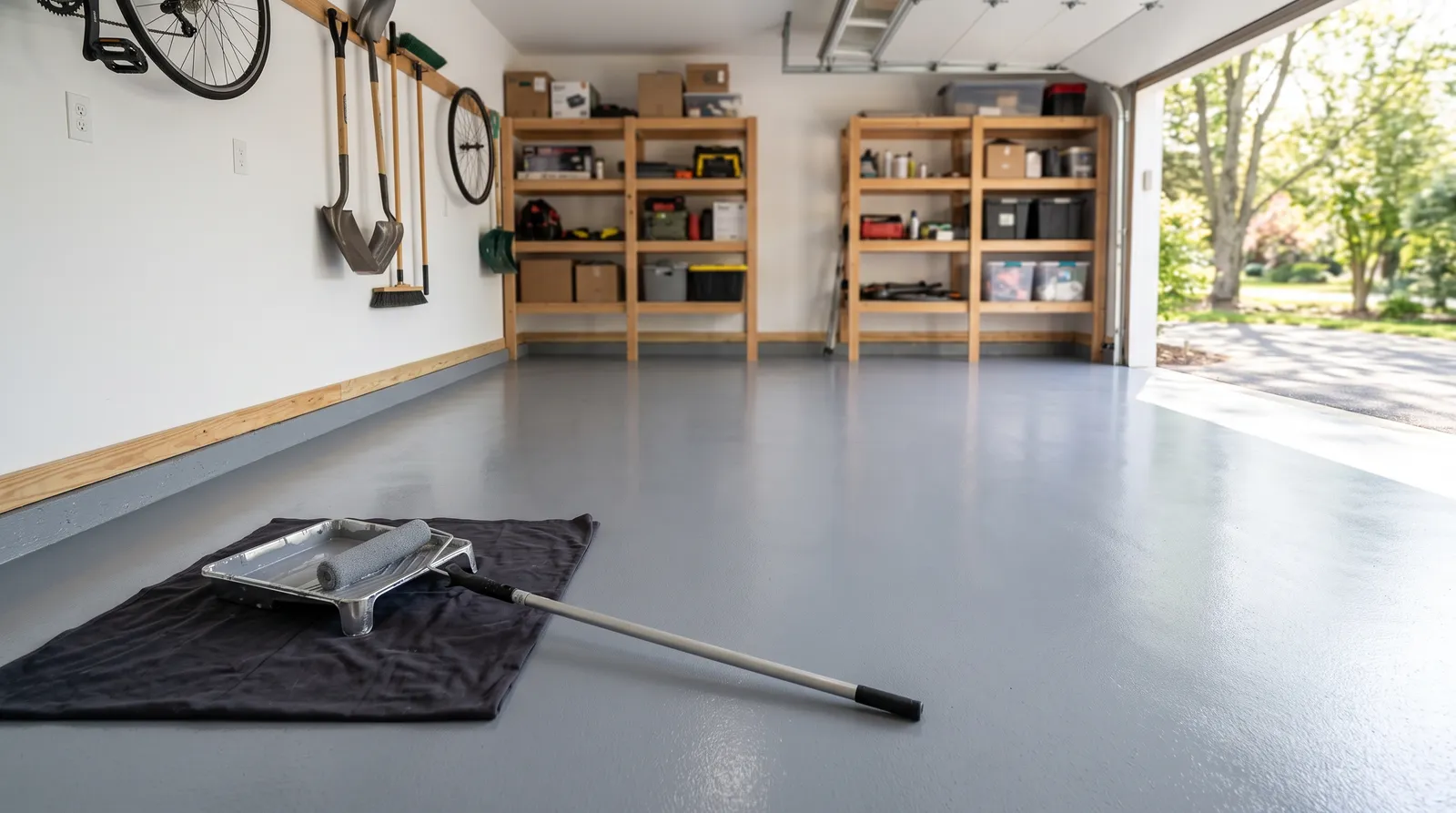 Freshly coated satin-gray garage floor with a crisp cut line at the wall, daylight from the open garage door, a roller and tray at the edge