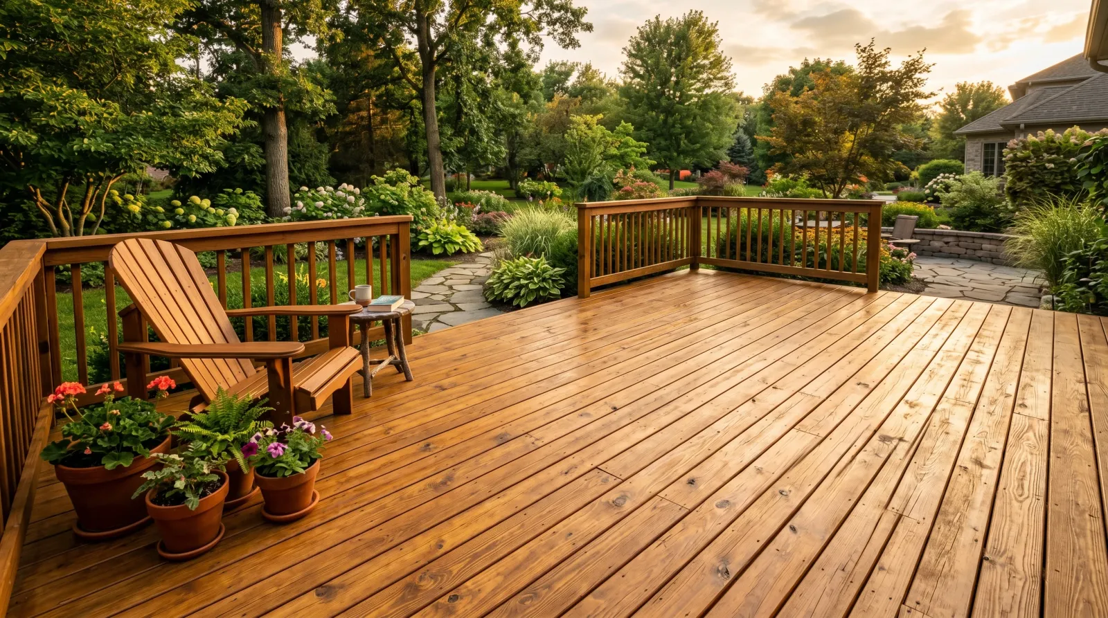 Freshly stained cedar backyard deck in warm afternoon light, wood grain visible through a honey-brown semi-transparent finish