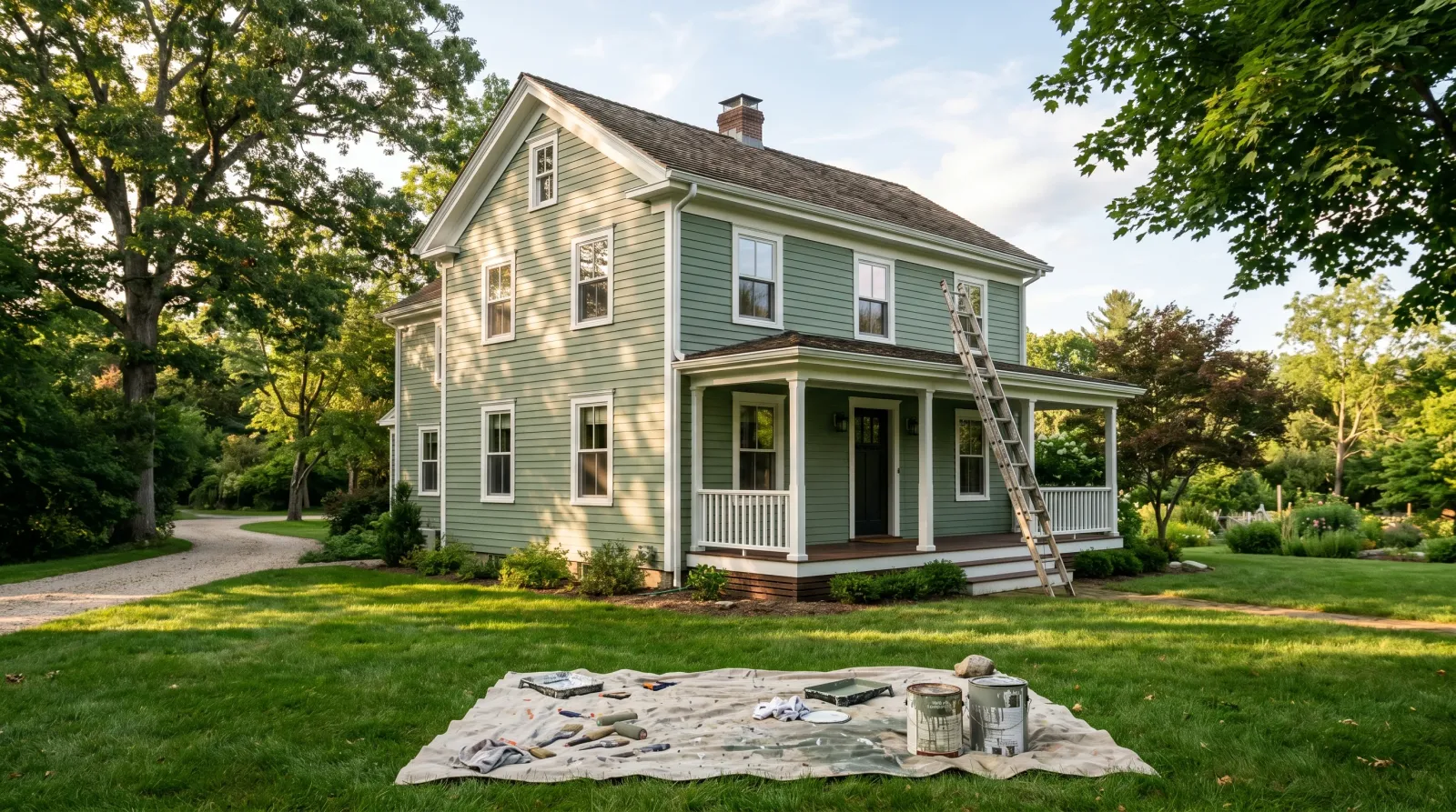 Freshly repainted two-story wood-sided house in soft sage green with white trim in late-afternoon daylight, a ladder and drop cloth in the foreground