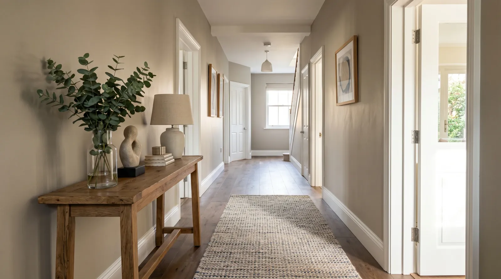 Freshly painted greige hallway in eggshell sheen with raking daylight and a console table