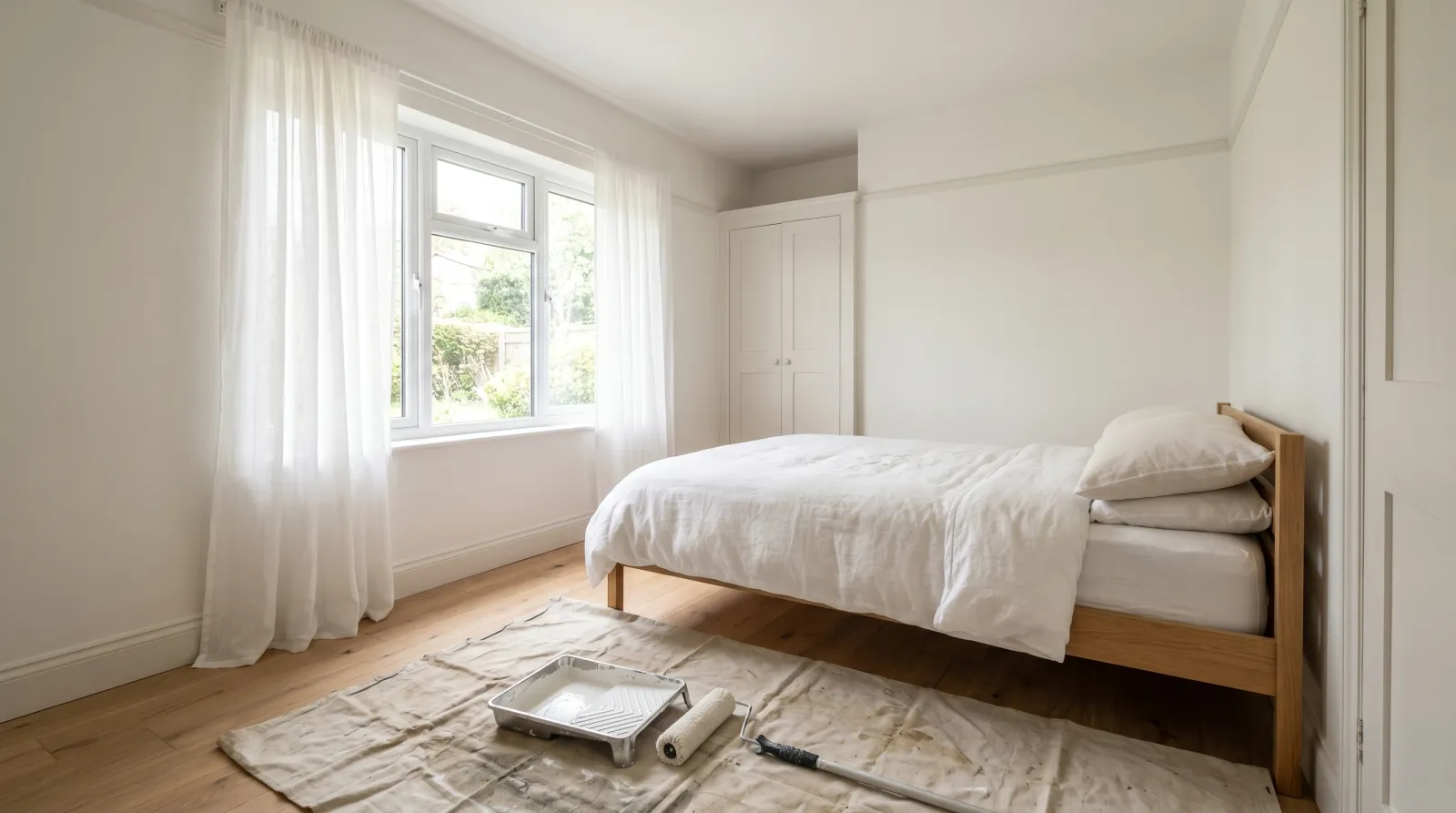 Freshly painted soft-white bedroom in morning daylight with a roller and tray on a drop cloth in the foreground