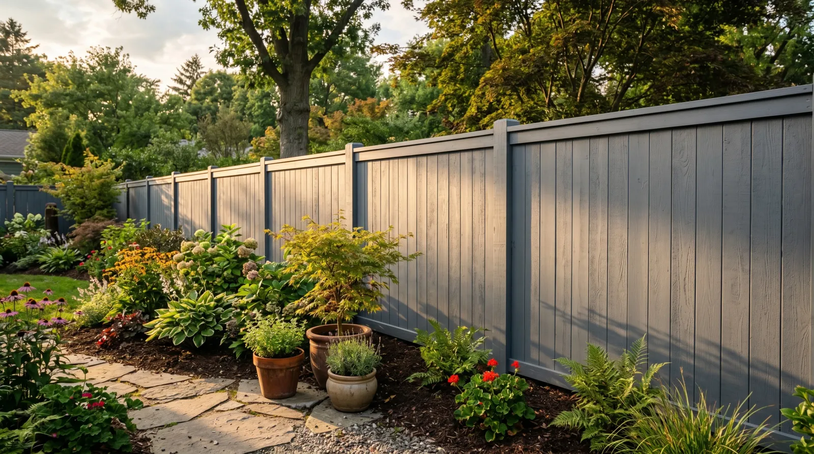 Backyard cedar privacy fence freshly coated in a solid slate-gray waterproofing stain, wood grain faintly visible in warm afternoon light