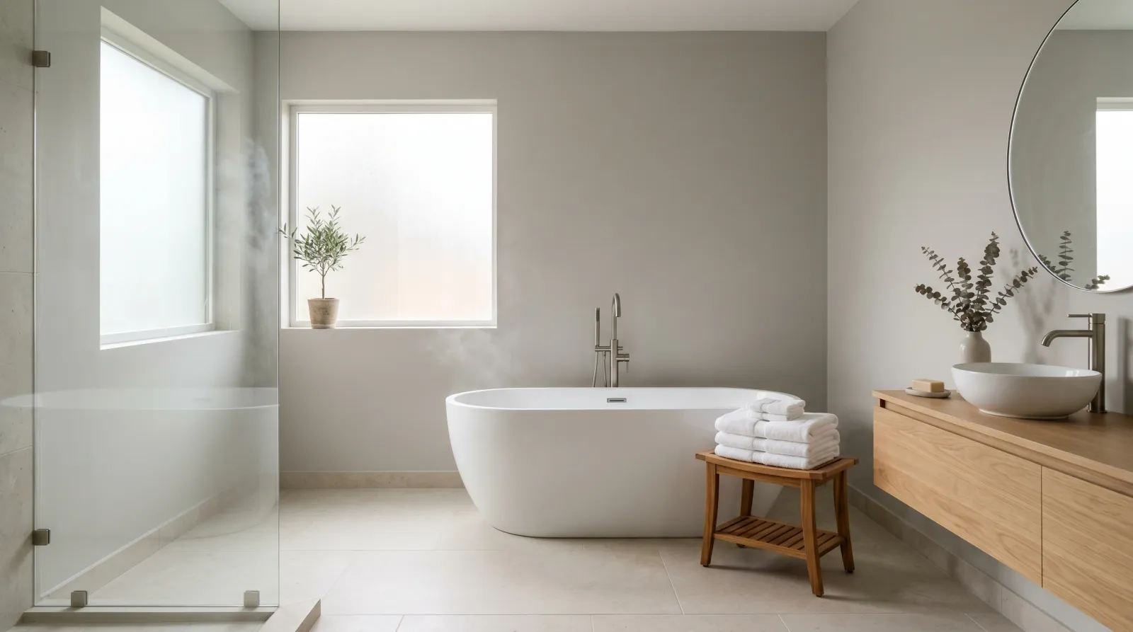 Spa-like bathroom in soft warm grey with a freestanding tub, folded towels, and morning light through a frosted window