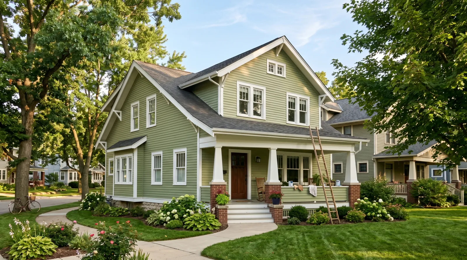 Freshly repainted craftsman house exterior in warm sage green with white trim under late-afternoon light, ladder against the porch