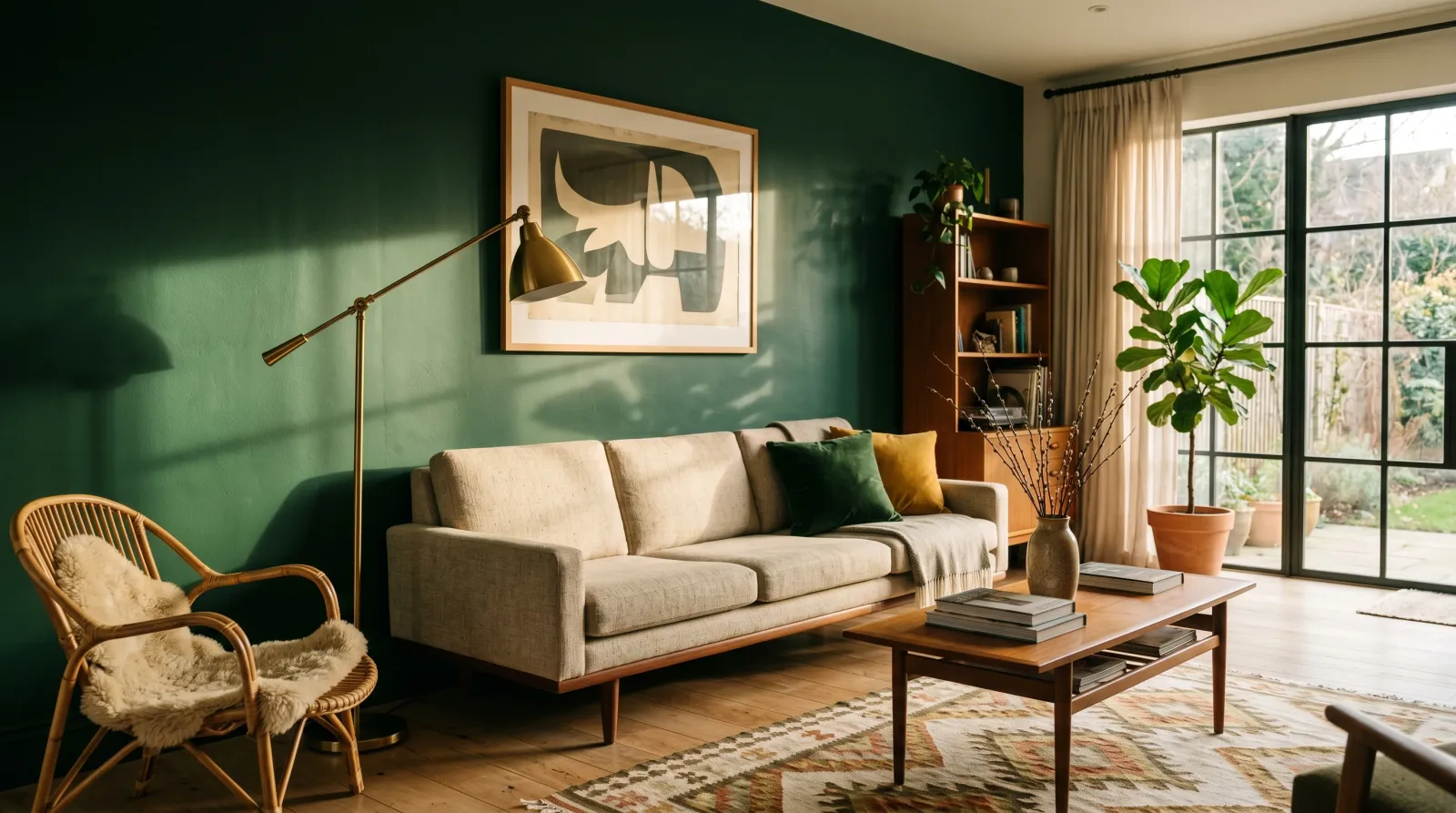 Sunlit living room with one wall painted a deep forest green, late-afternoon light raking across the rich color