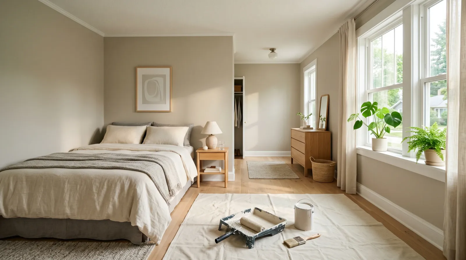 Sunlit bedroom with freshly painted soft greige walls, roller and tray on a drop cloth in the foreground