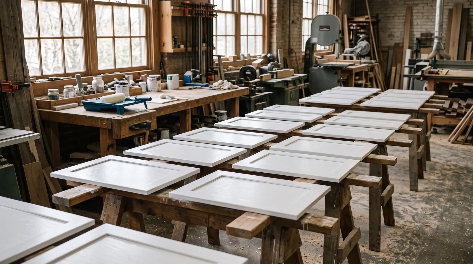 Freshly painted white Shaker cabinet doors drying on sawhorses in a daylit workshop
