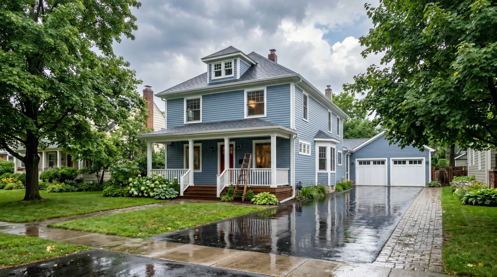 Freshly repainted slate-blue lap-sided house with white trim after a rain shower, water beading on the siding, ladder folded against the porch