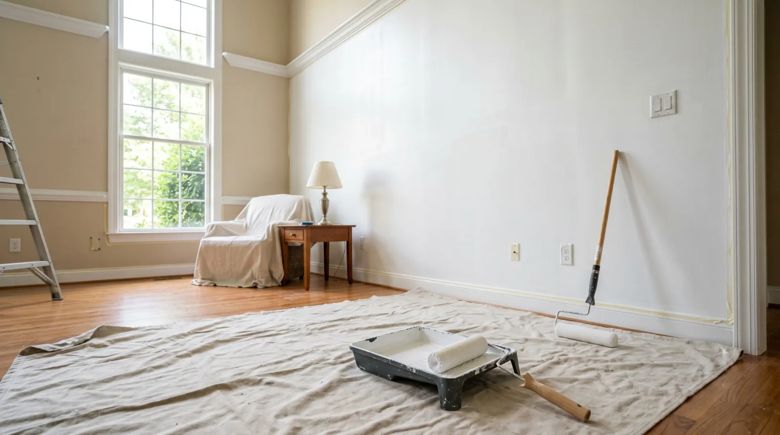 Living room wall rolled in an even white primer coat with patched drywall blending in, roller and tray on a drop cloth in daylight