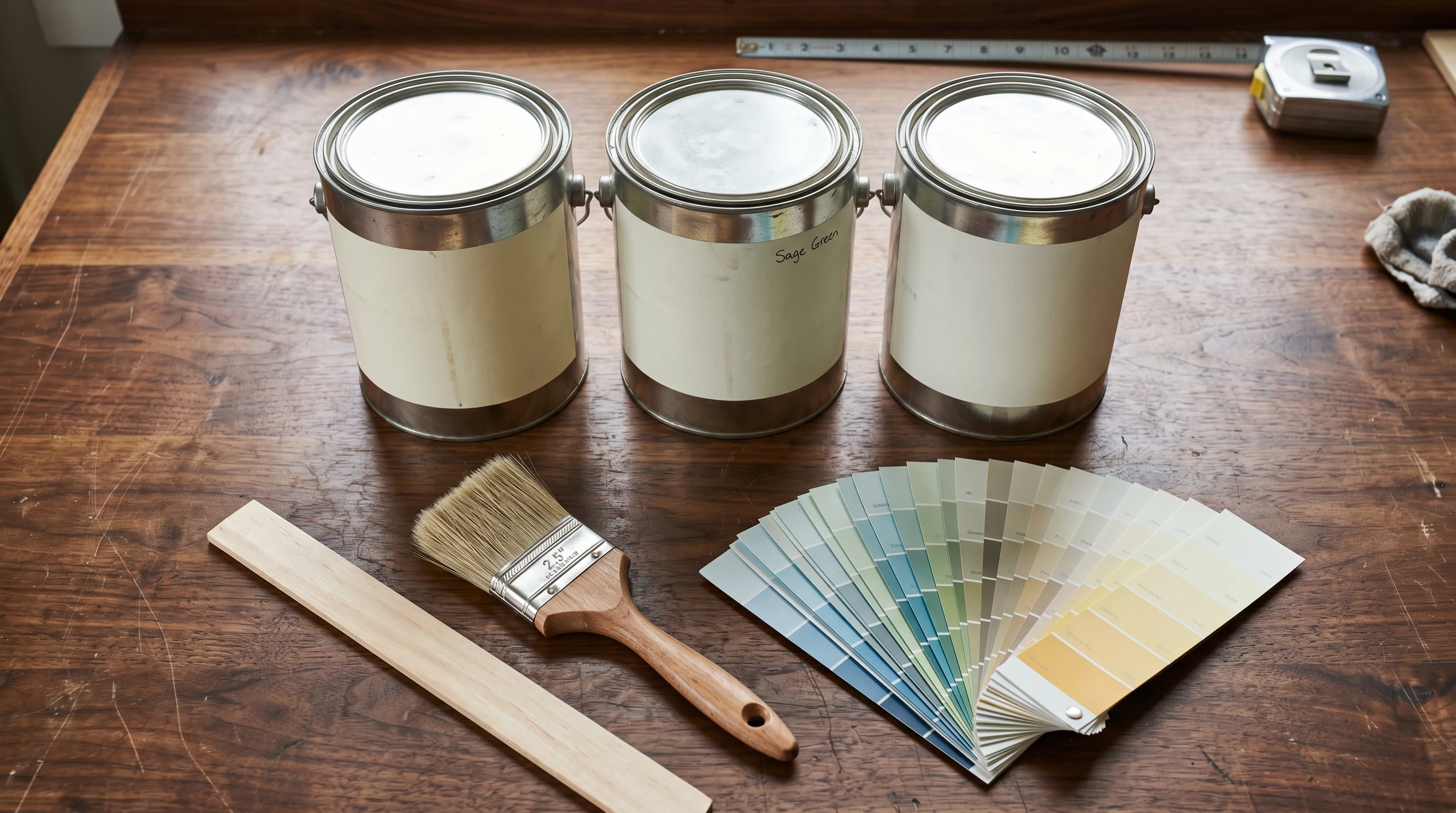 Three paint cans on a walnut workbench with a brush, color-deck strips, and a stir stick
