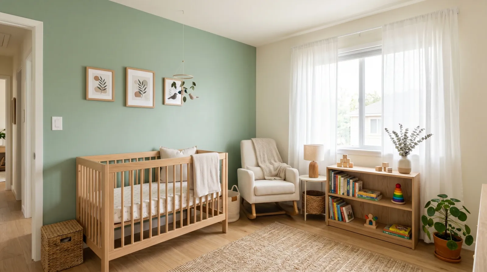Bright nursery with a soft sage-green wall in diffused morning daylight, wooden crib and low bookshelf