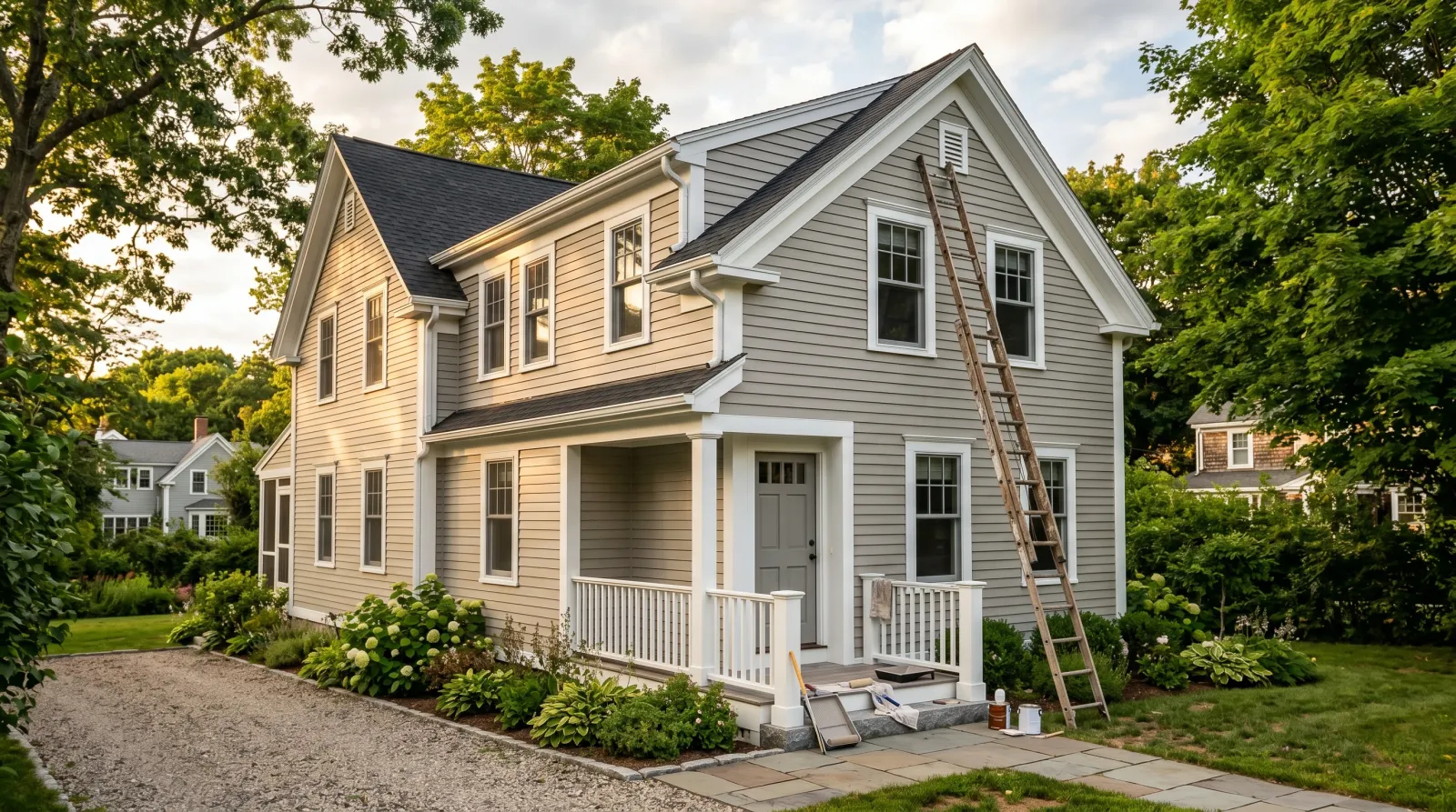 Freshly repainted gray clapboard house exterior with crisp white trim in late-afternoon light, ladder leaning at the gable