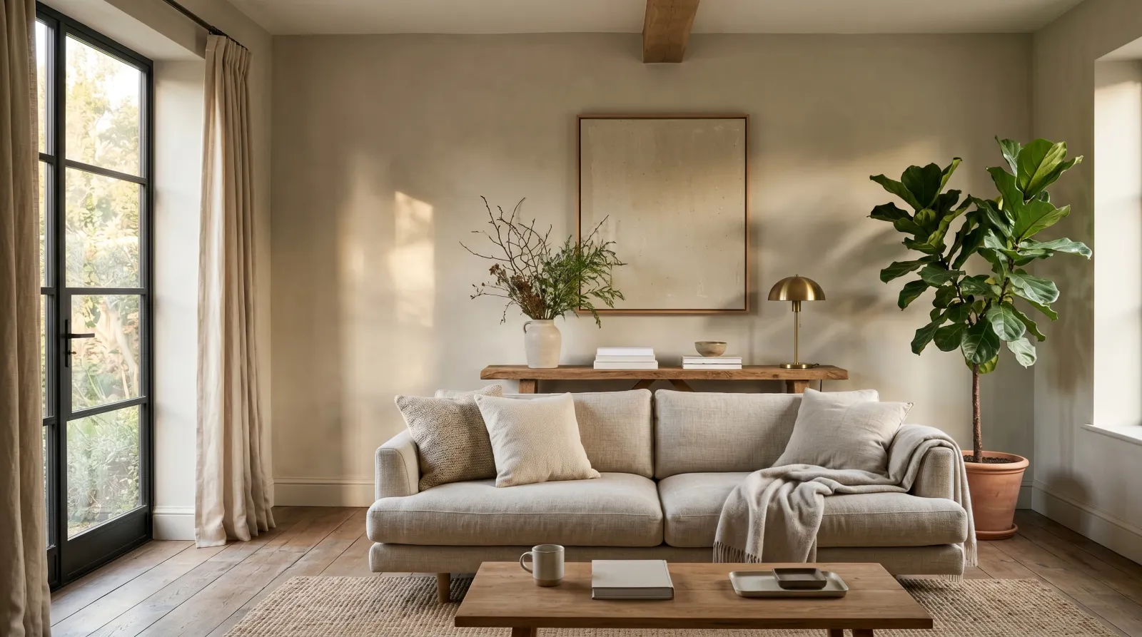 Sunlit living room with walls freshly painted in a soft warm greige, morning daylight across the wall, linen sofa and wood console