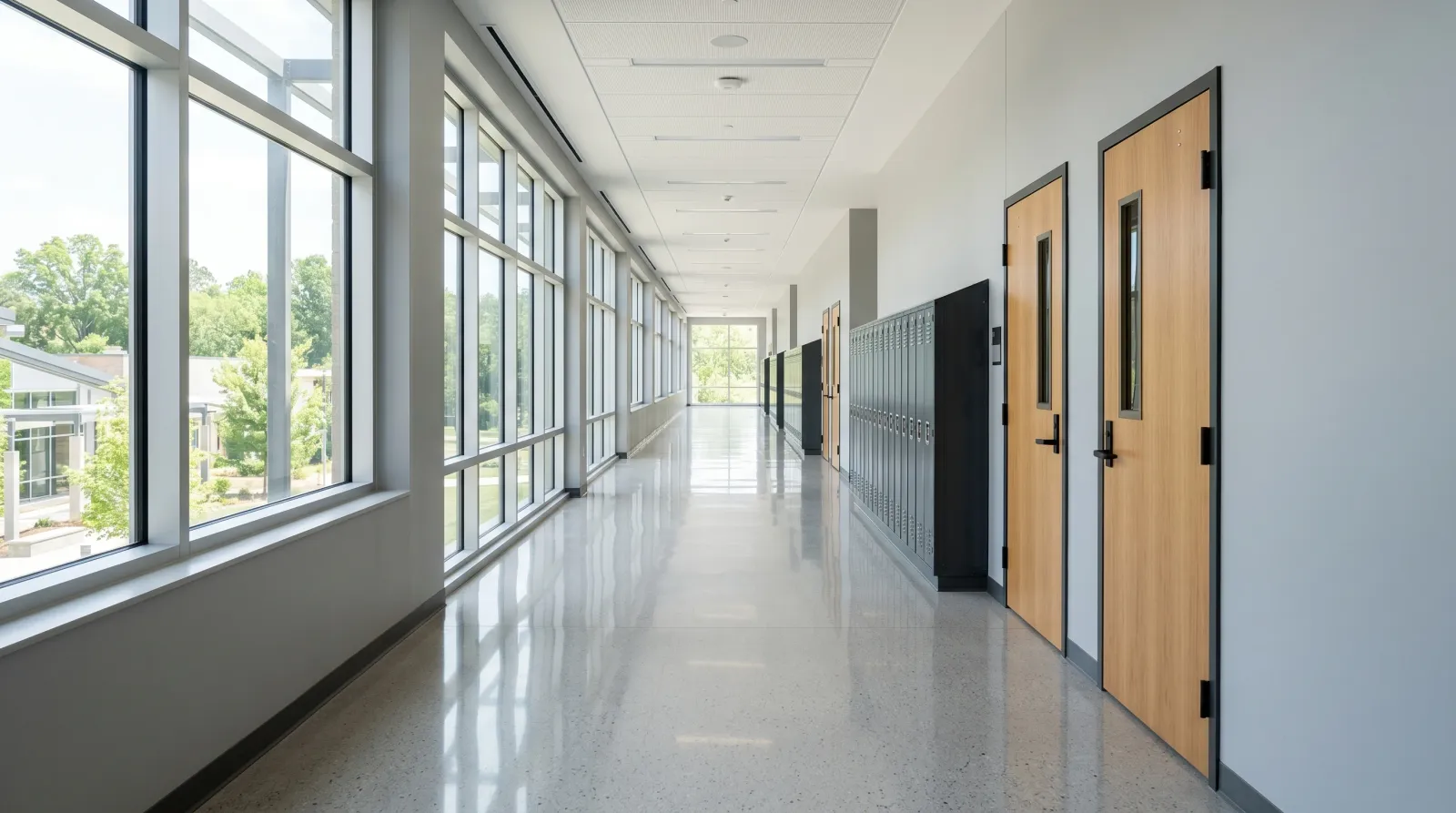 Bright modern hallway with freshly painted soft-gray walls and daylight from a row of windows
