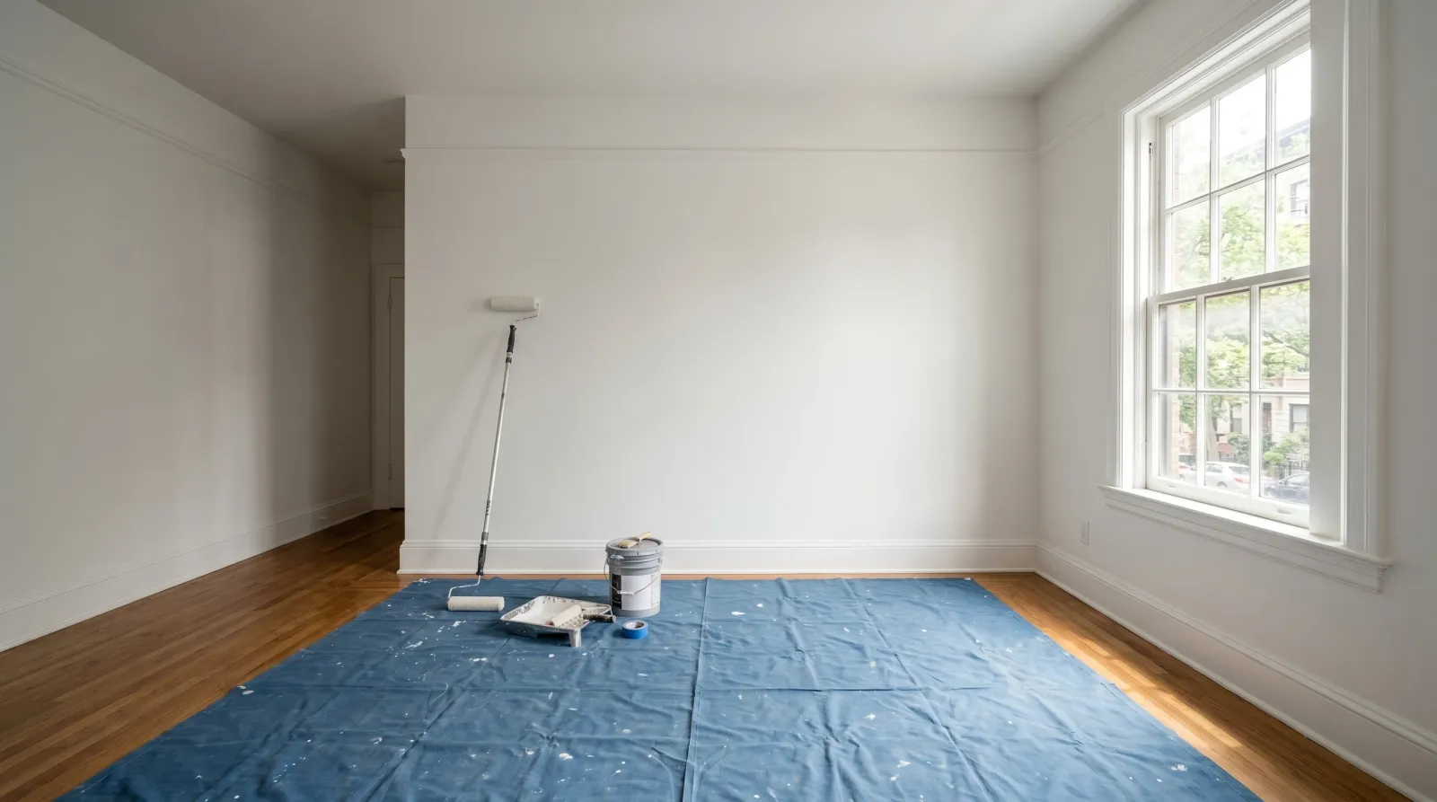 Freshly repainted empty apartment living room with smooth white walls and a roller on an extension pole