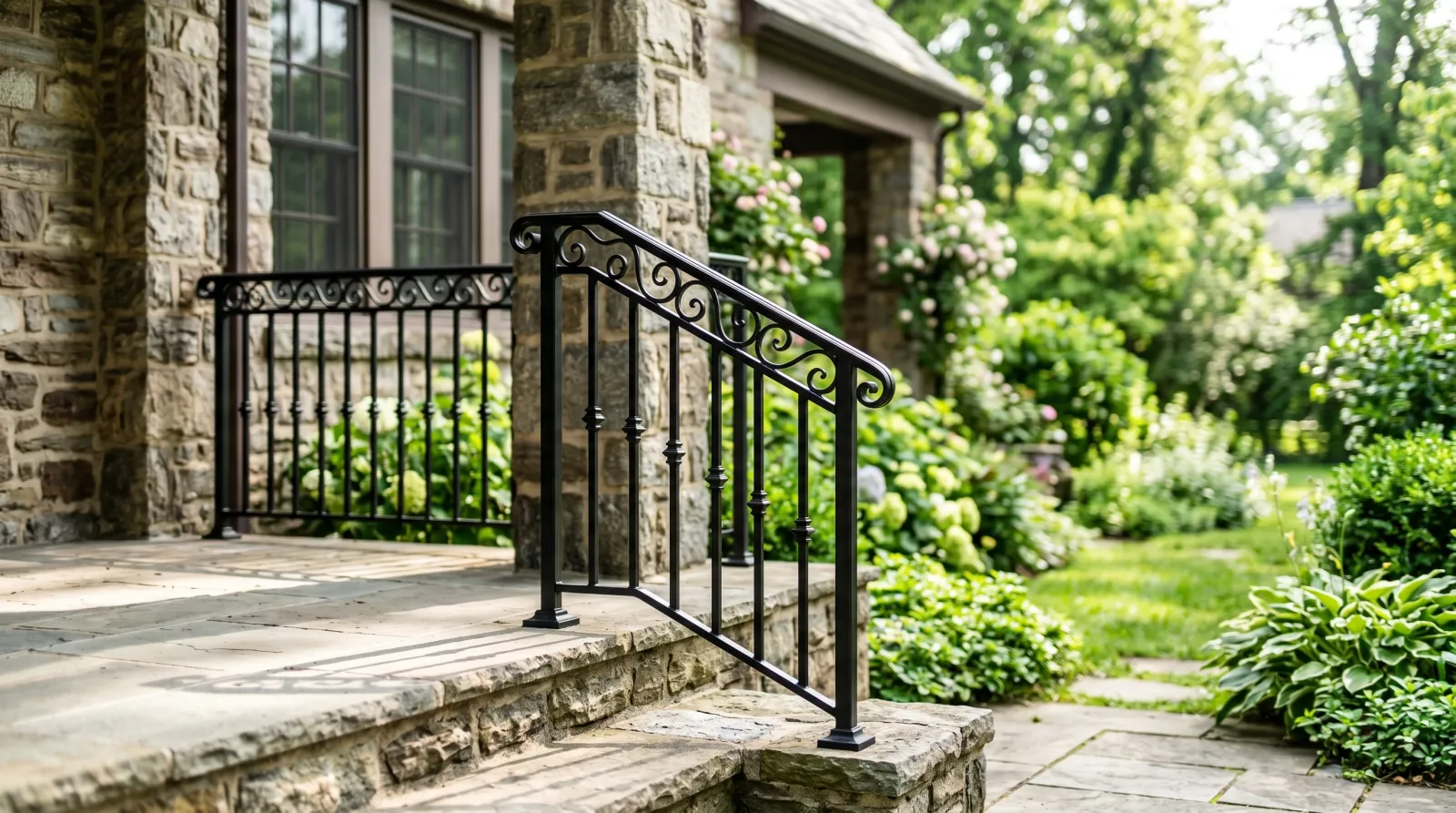 Freshly primed and painted black iron porch railing on a stone porch in clean morning daylight, no rust streaks
