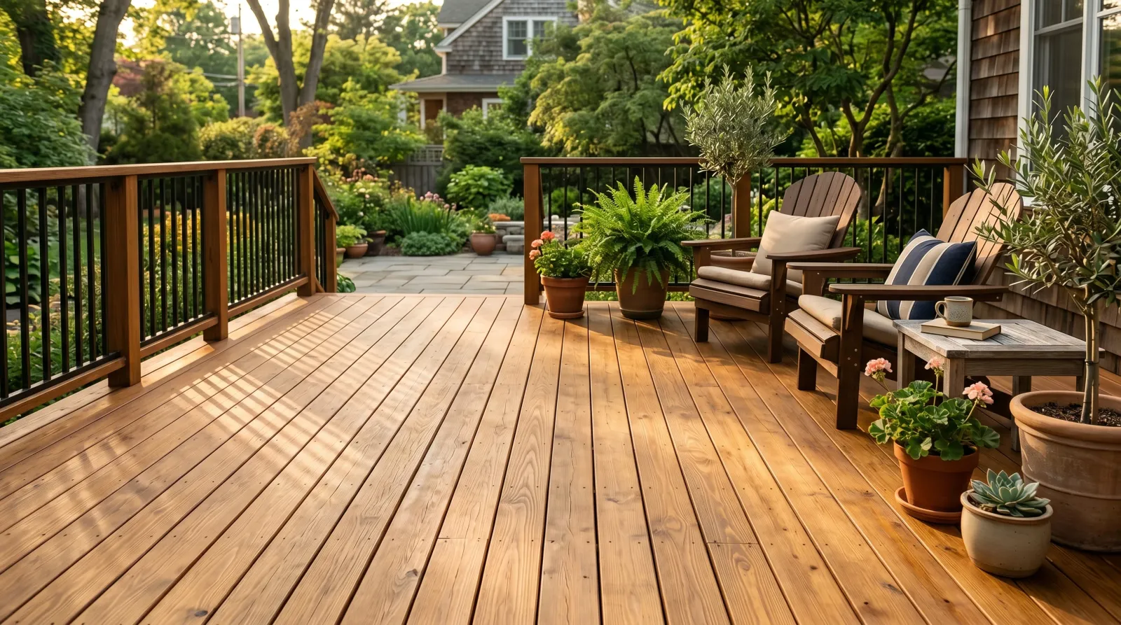 Freshly stained cedar deck in semi-transparent honey-brown, grain visible, in warm afternoon light