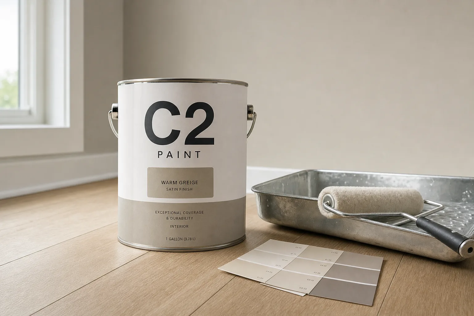Freshly enameled deep-green Shaker cabinet doors with a smooth satin finish, a brush and small open can on the counter in daylight