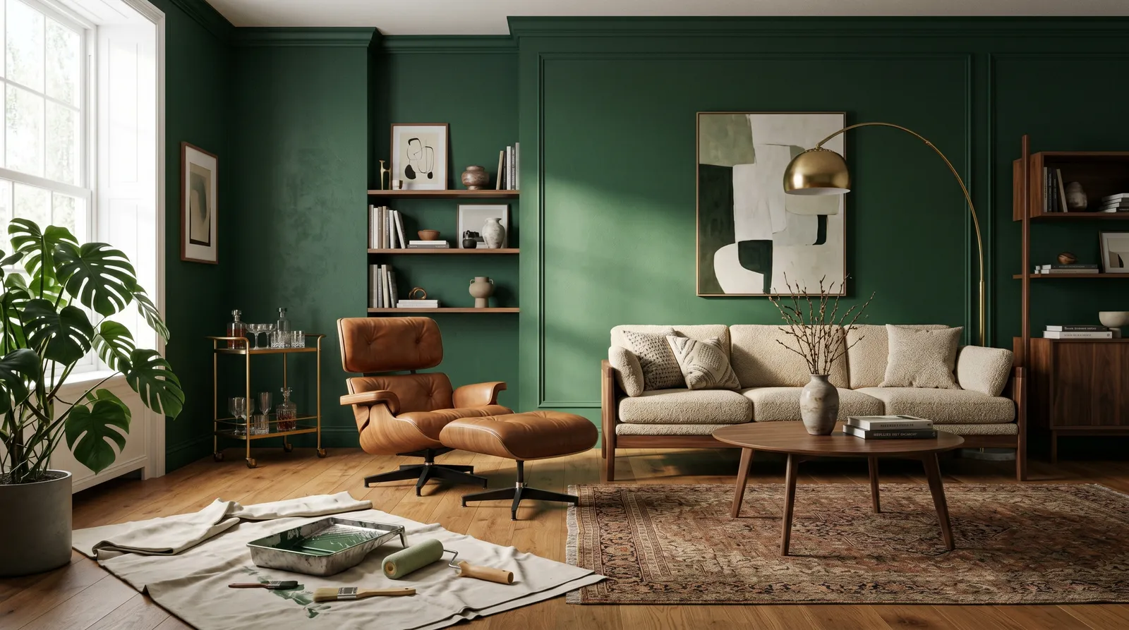 Refined living room with one wall in a deep saturated green, side light showing color depth, roller and tray on a drop cloth
