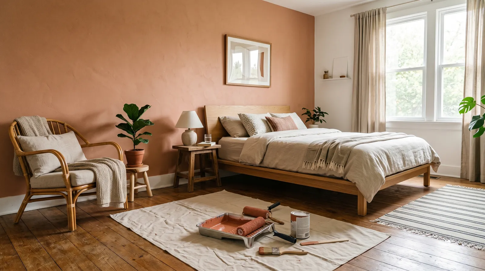 Bright everyday bedroom with a wall in a warm mid-tone color, roller and tray on a drop cloth in the foreground