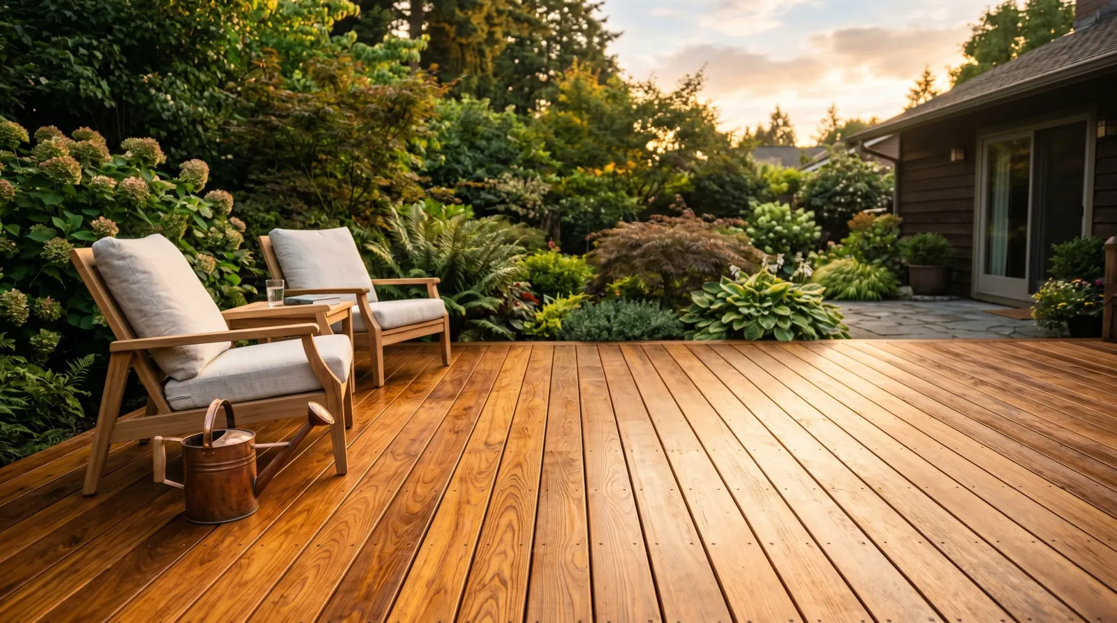 Freshly oiled exotic hardwood deck glowing warm amber-brown in low evening light, with teak chairs on the boards