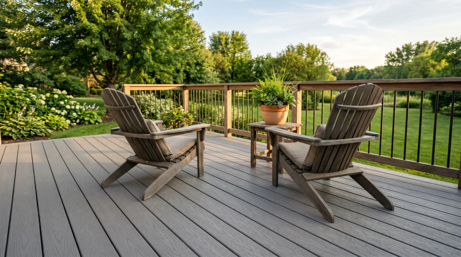 Backyard wood deck freshly resurfaced in a solid warm gray, textured matte finish in afternoon sun with two chairs
