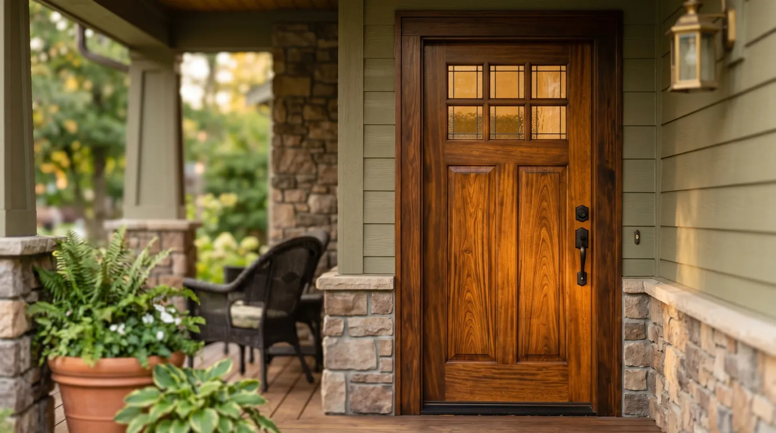 Freshly finished wood front door glowing honey-walnut in warm daylight, grain showing through a satin finish