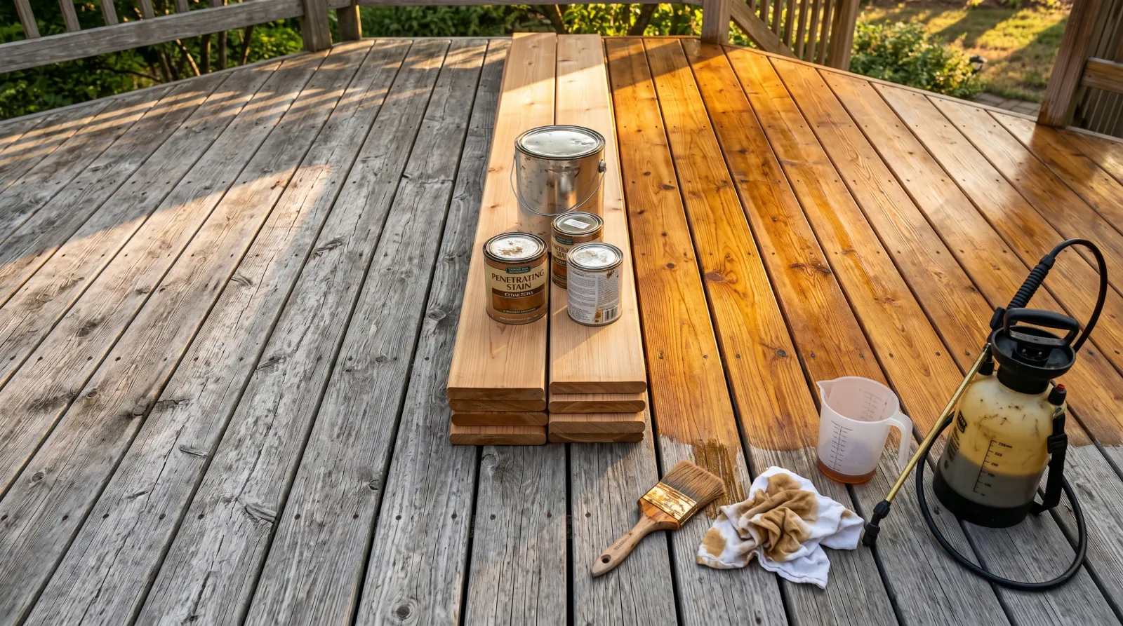 Weathered cedar deck mid-refinish with stain cans, brush, rag, and pump sprayer staged on cedar boards in warm late-afternoon light