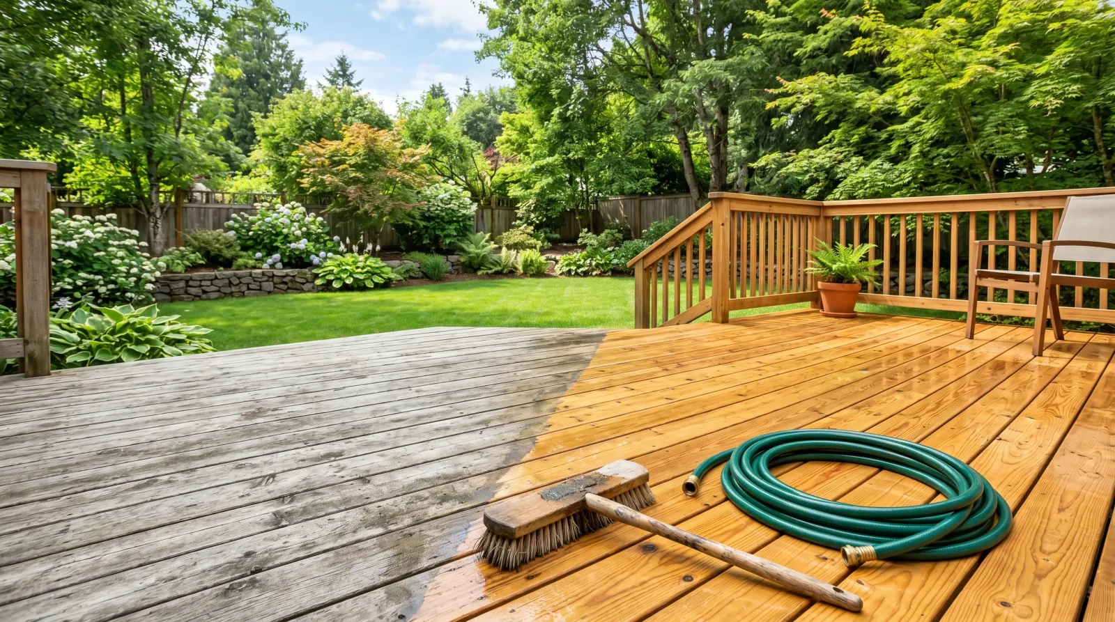 Backyard cedar deck mid-cleaning, weathered grey boards on one side and freshly cleaned honey-toned boards on the other, scrub brush and hose nearby