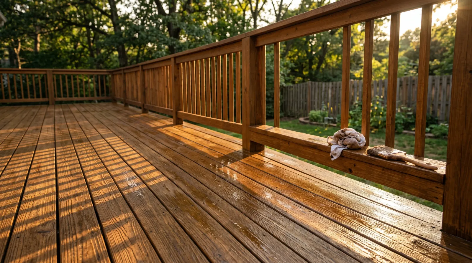 Freshly refinished cedar deck in a warm brown semi-solid stain under raking late-afternoon sun, brush and rag on the rail